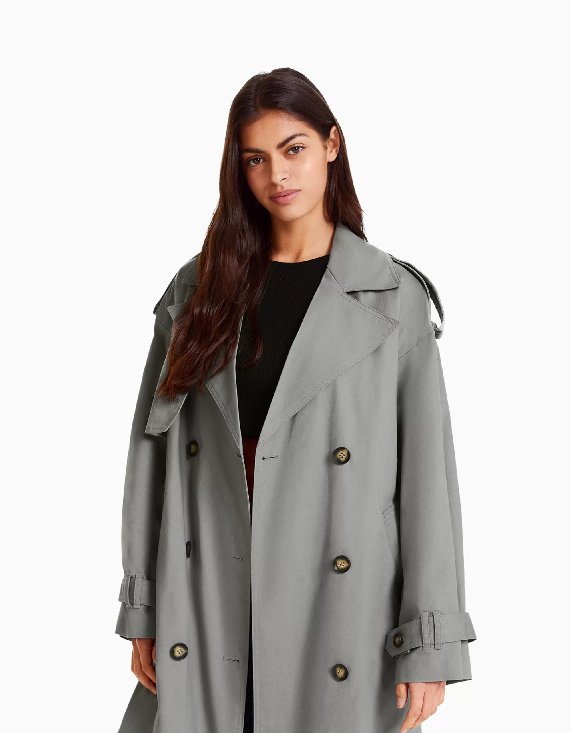 MUJER BERSHKA Abrigo trench oversize algodón