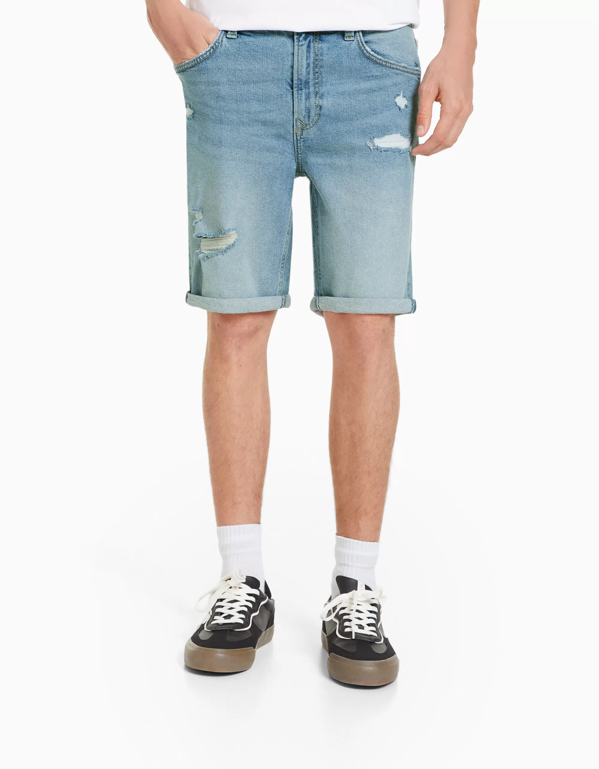 HOMBRE BERSHKA Bermuda slim denim rotos
