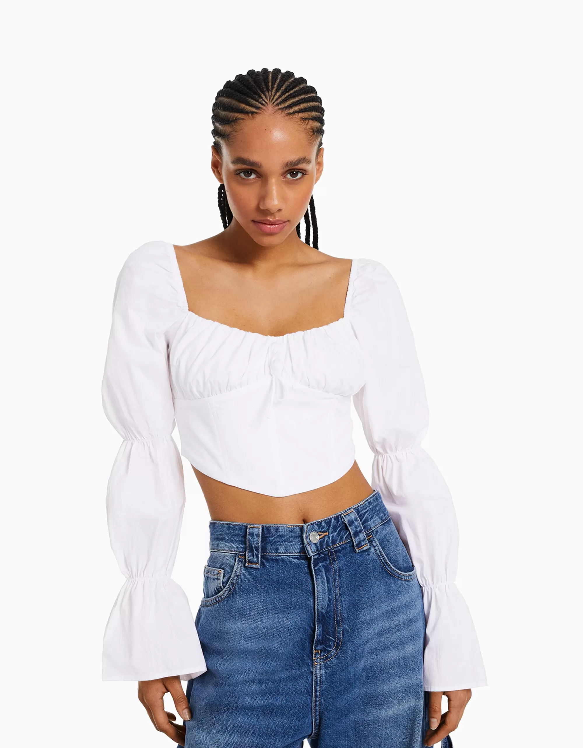MUJER BERSHKA Blusa corsé cropped manga larga