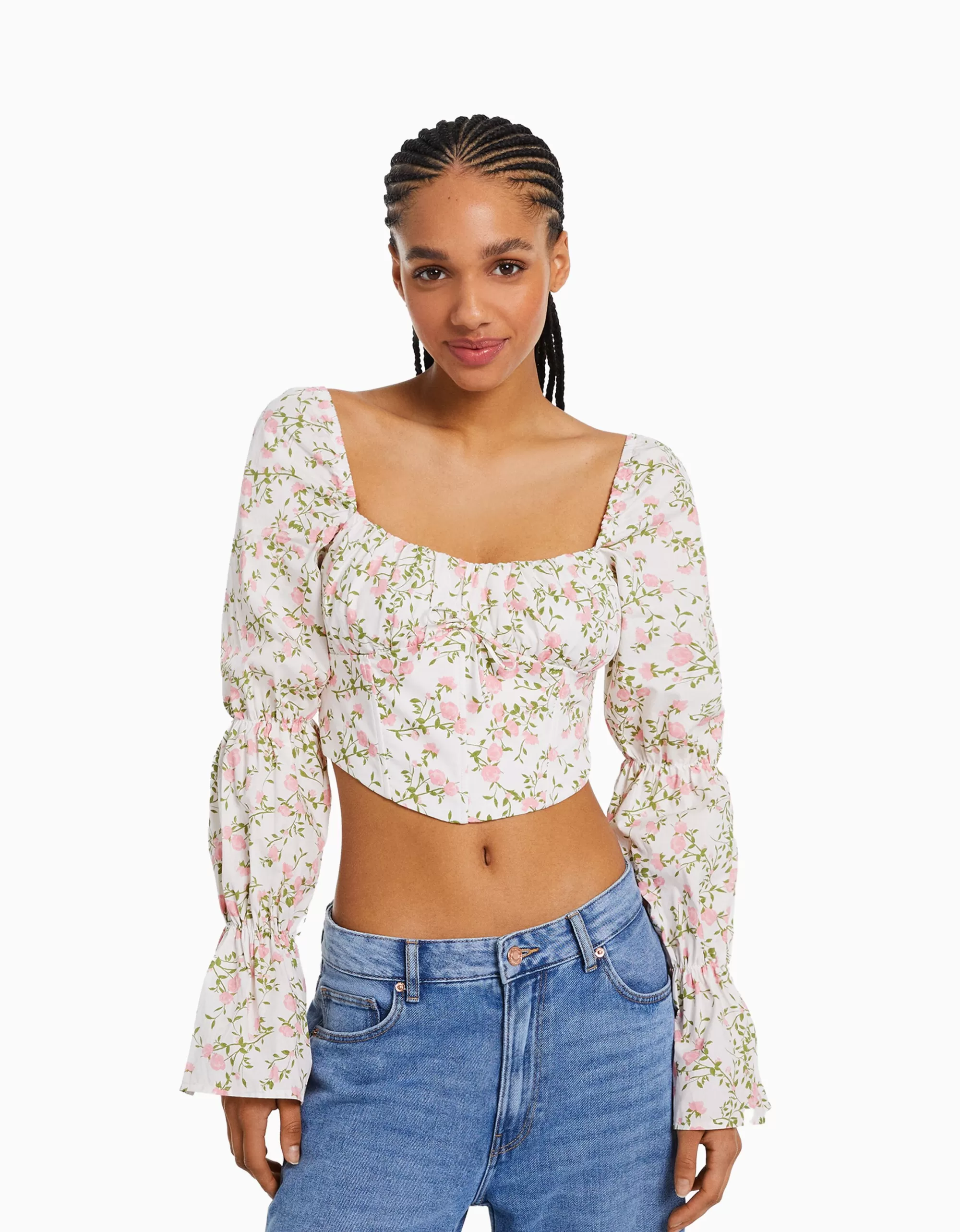 MUJER BERSHKA Blusa corsé cropped manga larga