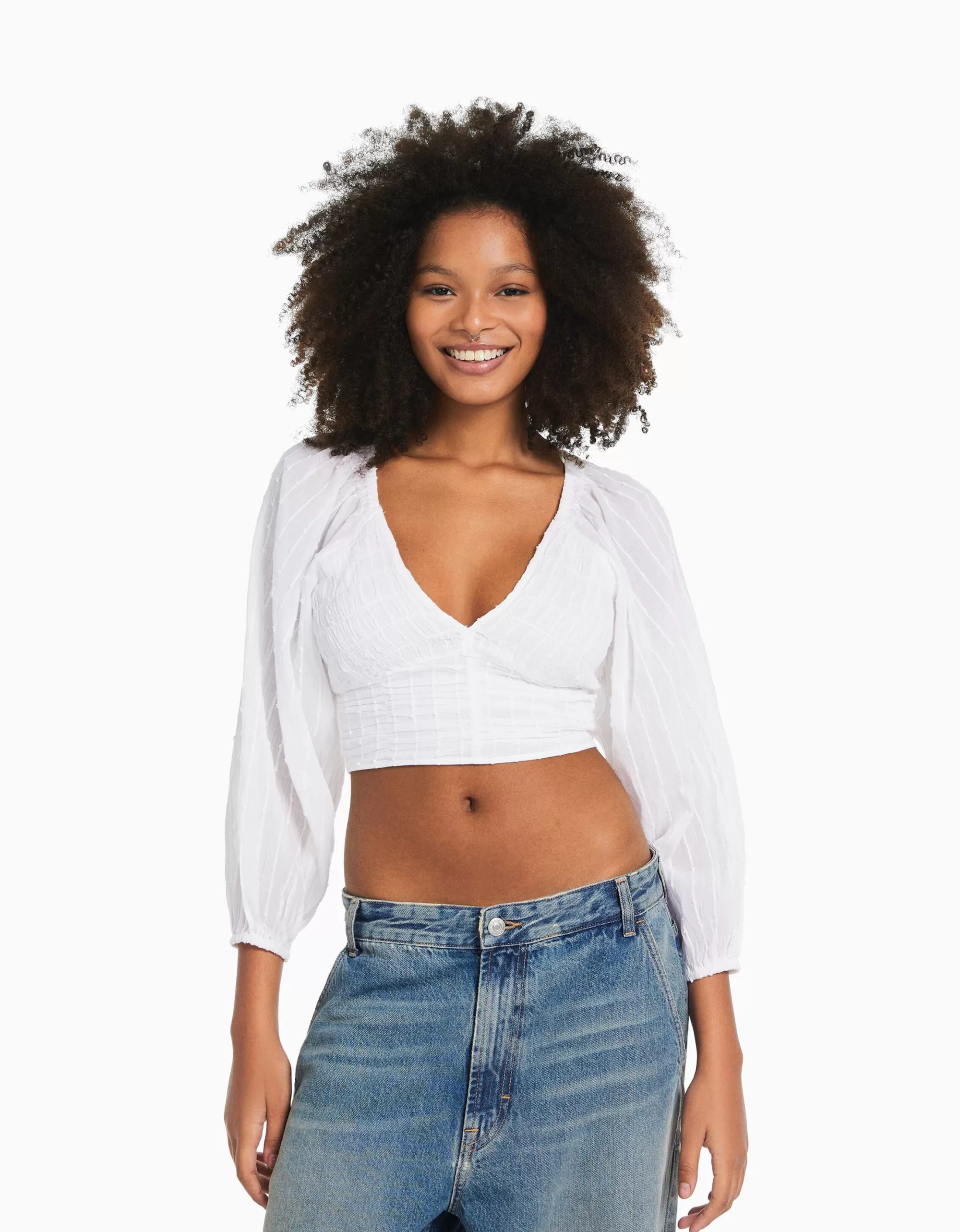 MUJER BERSHKA Blusa manga larga volumen cuello pico