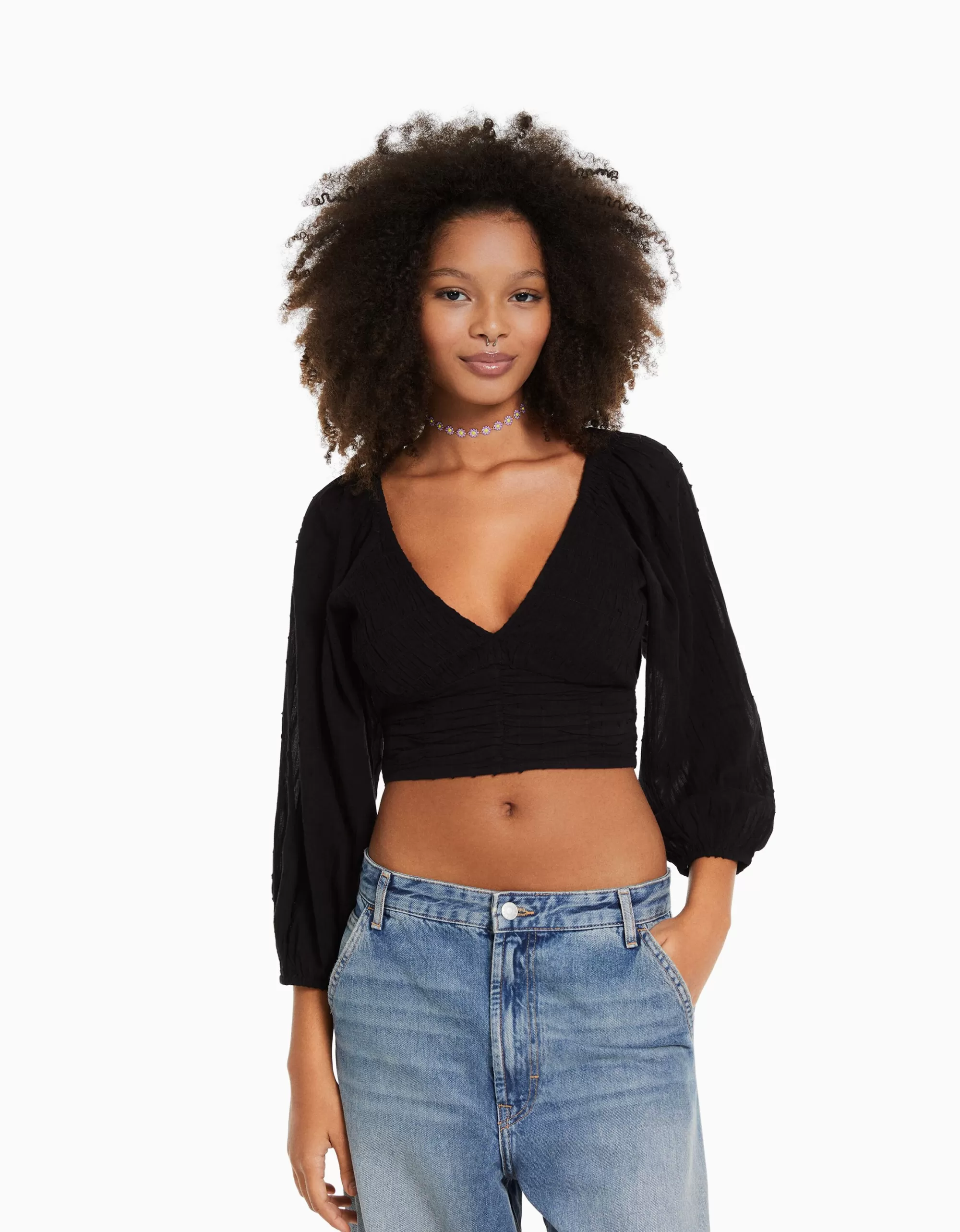 MUJER BERSHKA Blusa manga larga volumen cuello pico