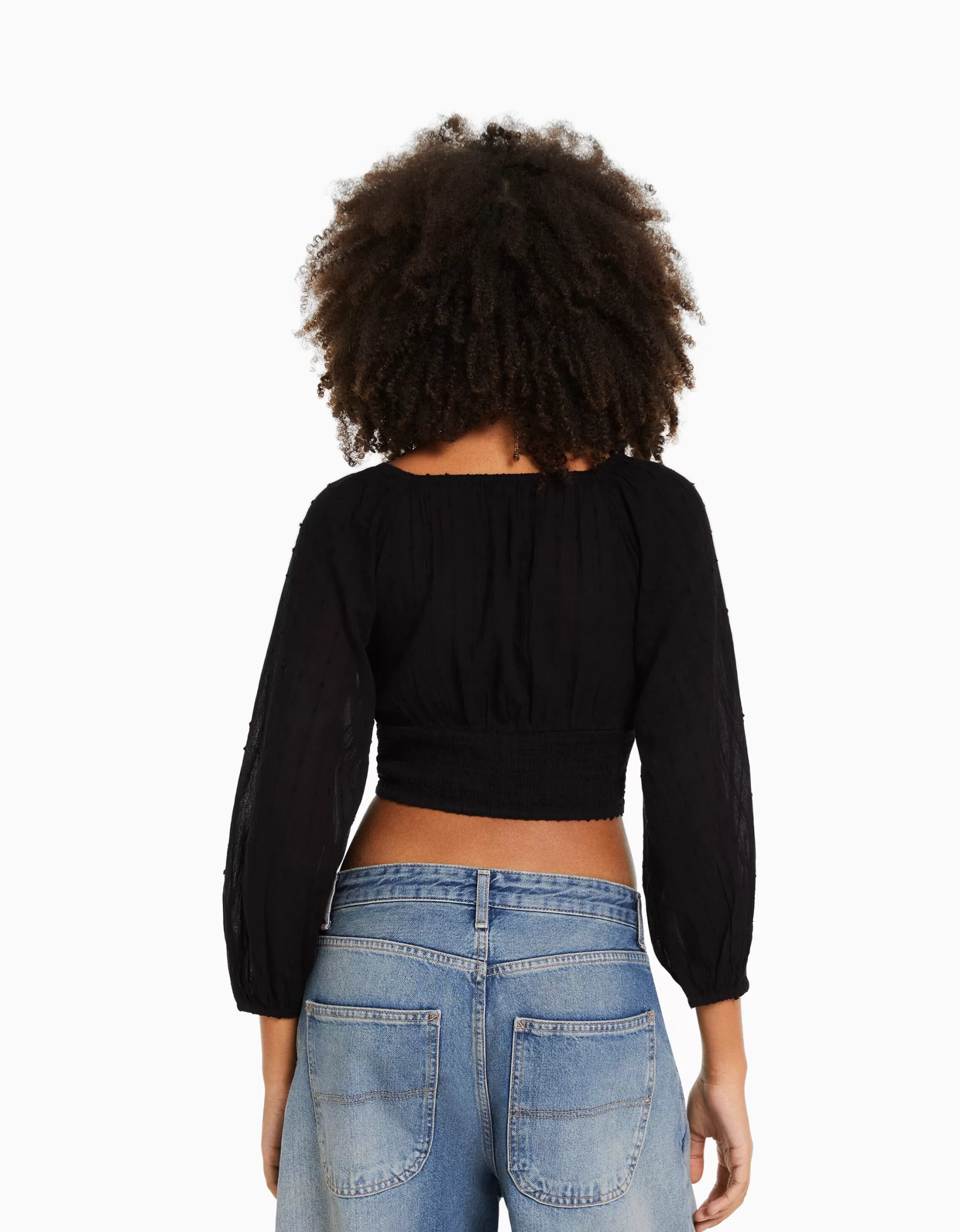 MUJER BERSHKA Blusa manga larga volumen cuello pico