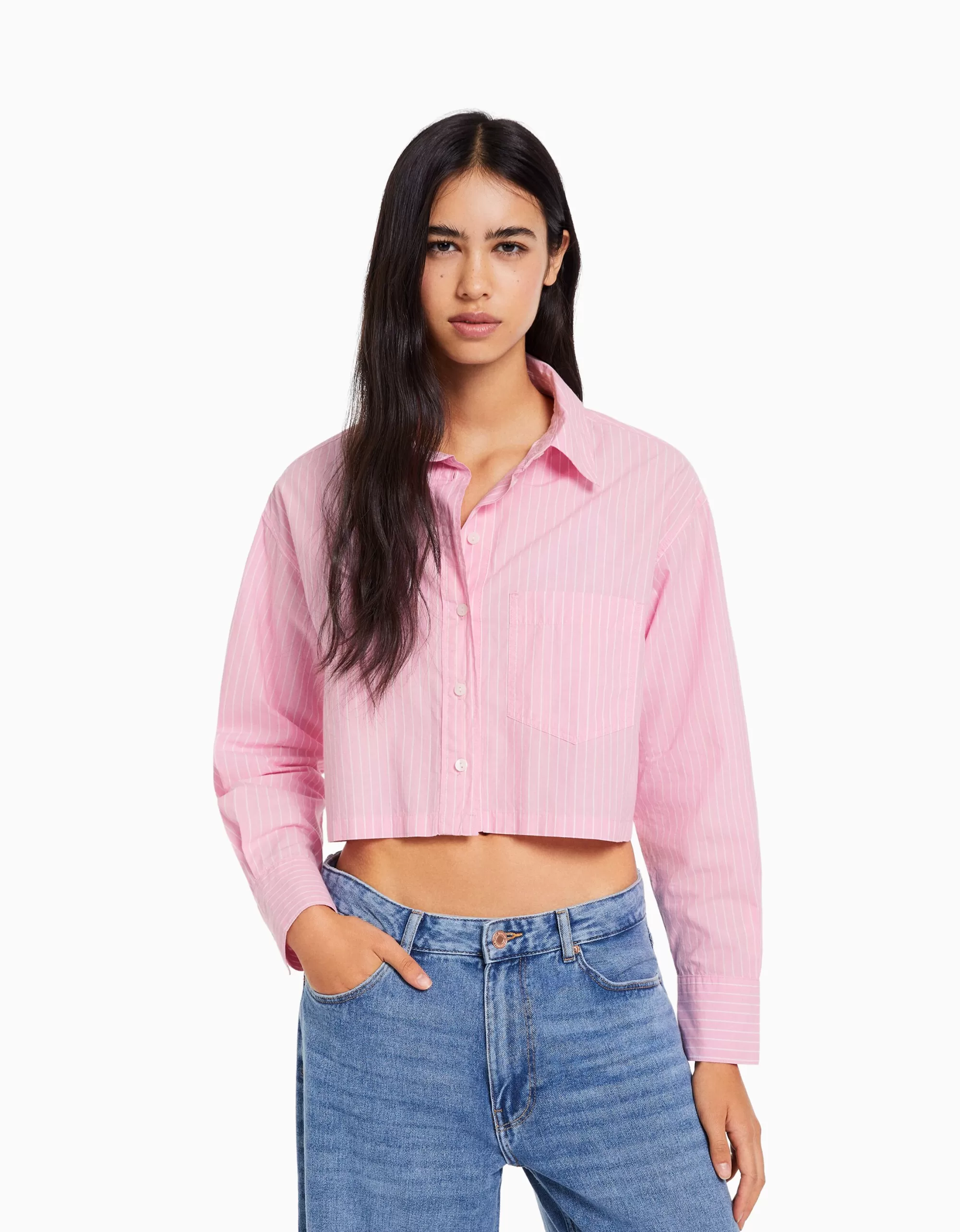 MUJER BERSHKA Camisa manga larga cropped popelín