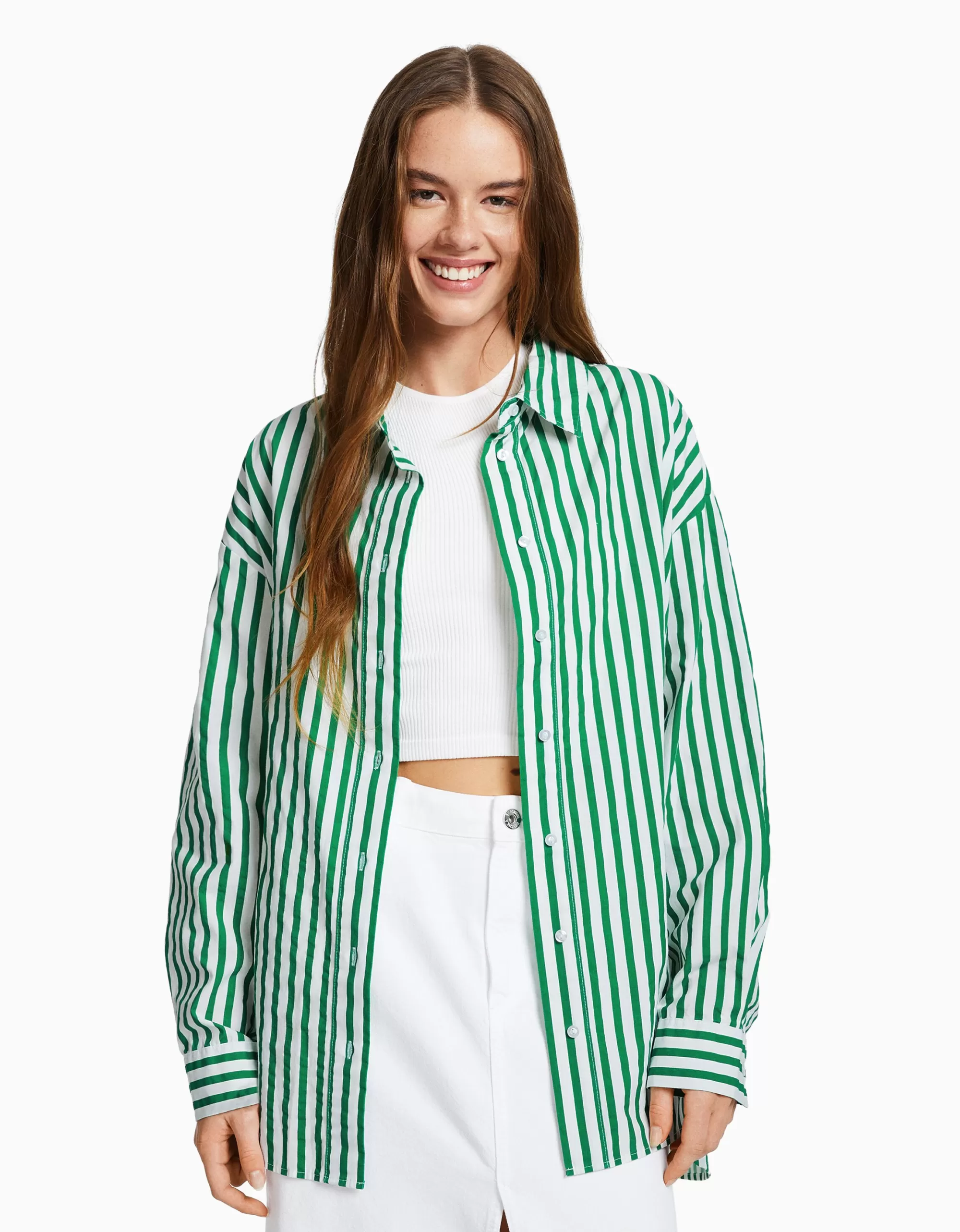 MUJER BERSHKA Camisa manga larga oversize popelín