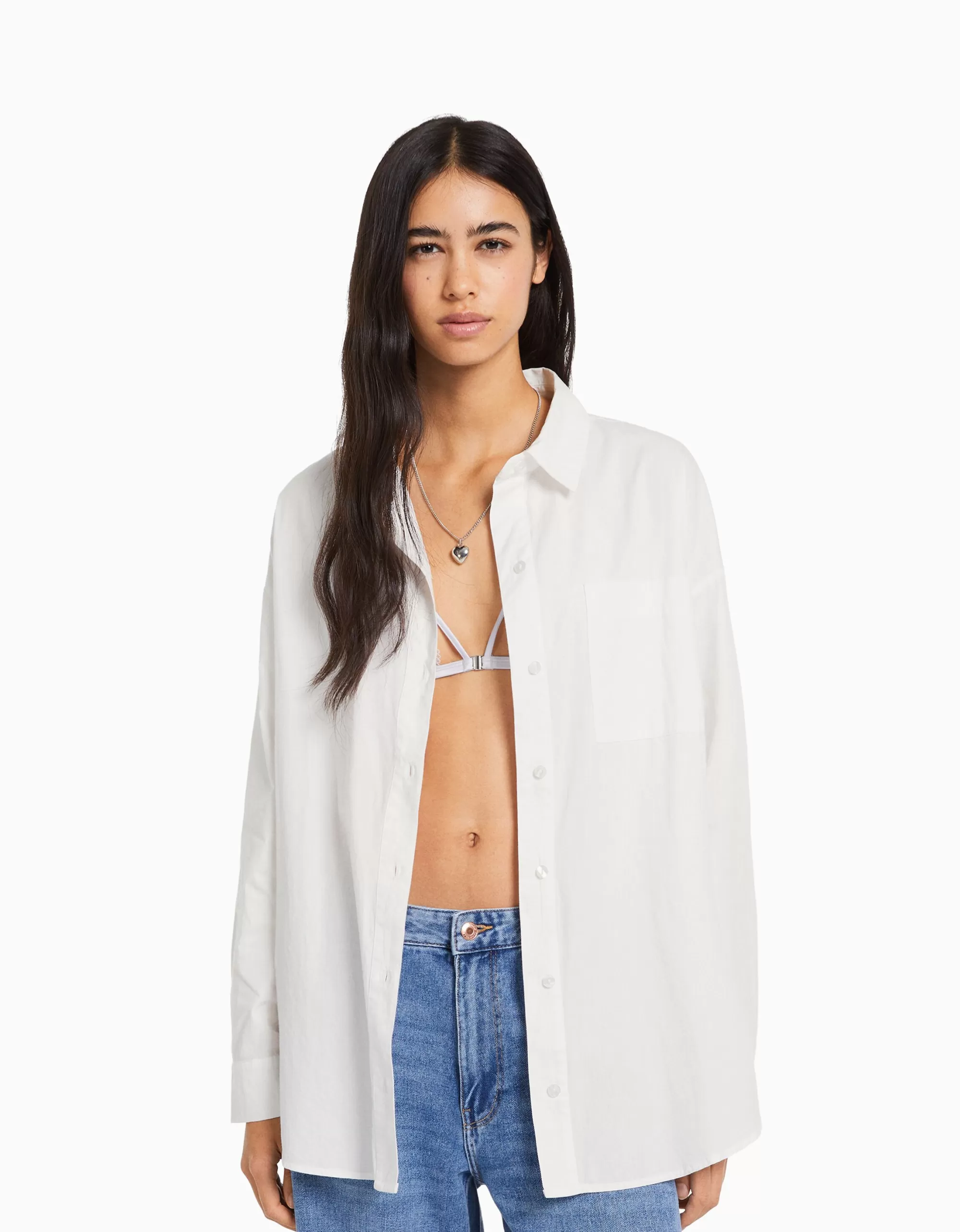 MUJER BERSHKA Camisa manga larga oversize popelín