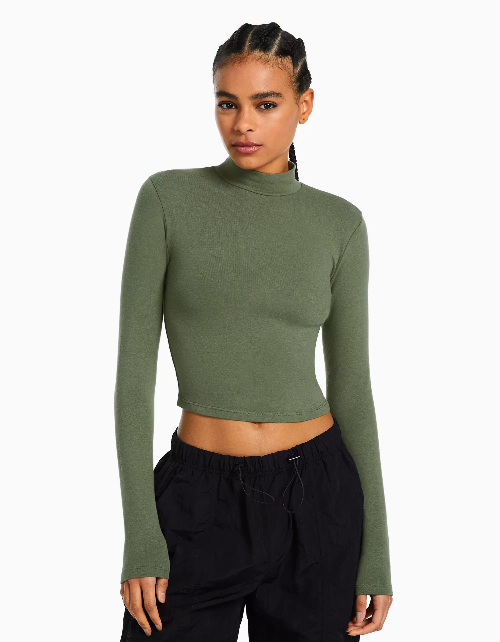 MUJER BERSHKA Camiseta cuello alto manga larga
