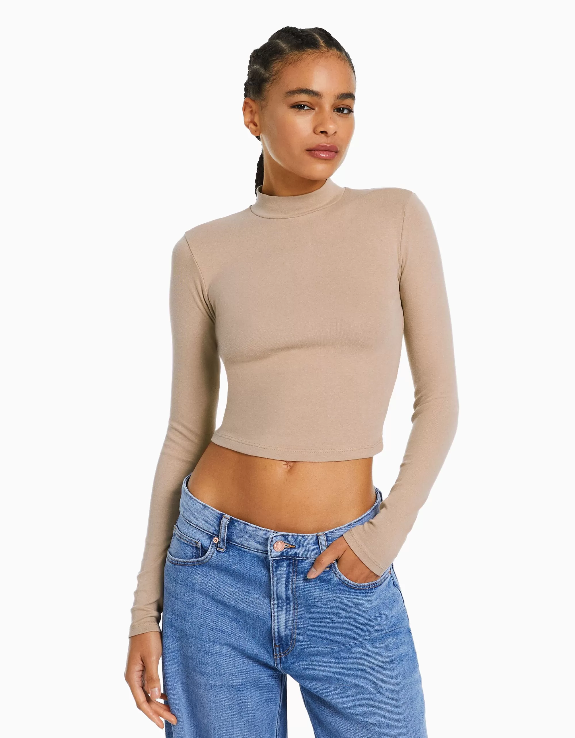 MUJER BERSHKA Camiseta cuello alto manga larga