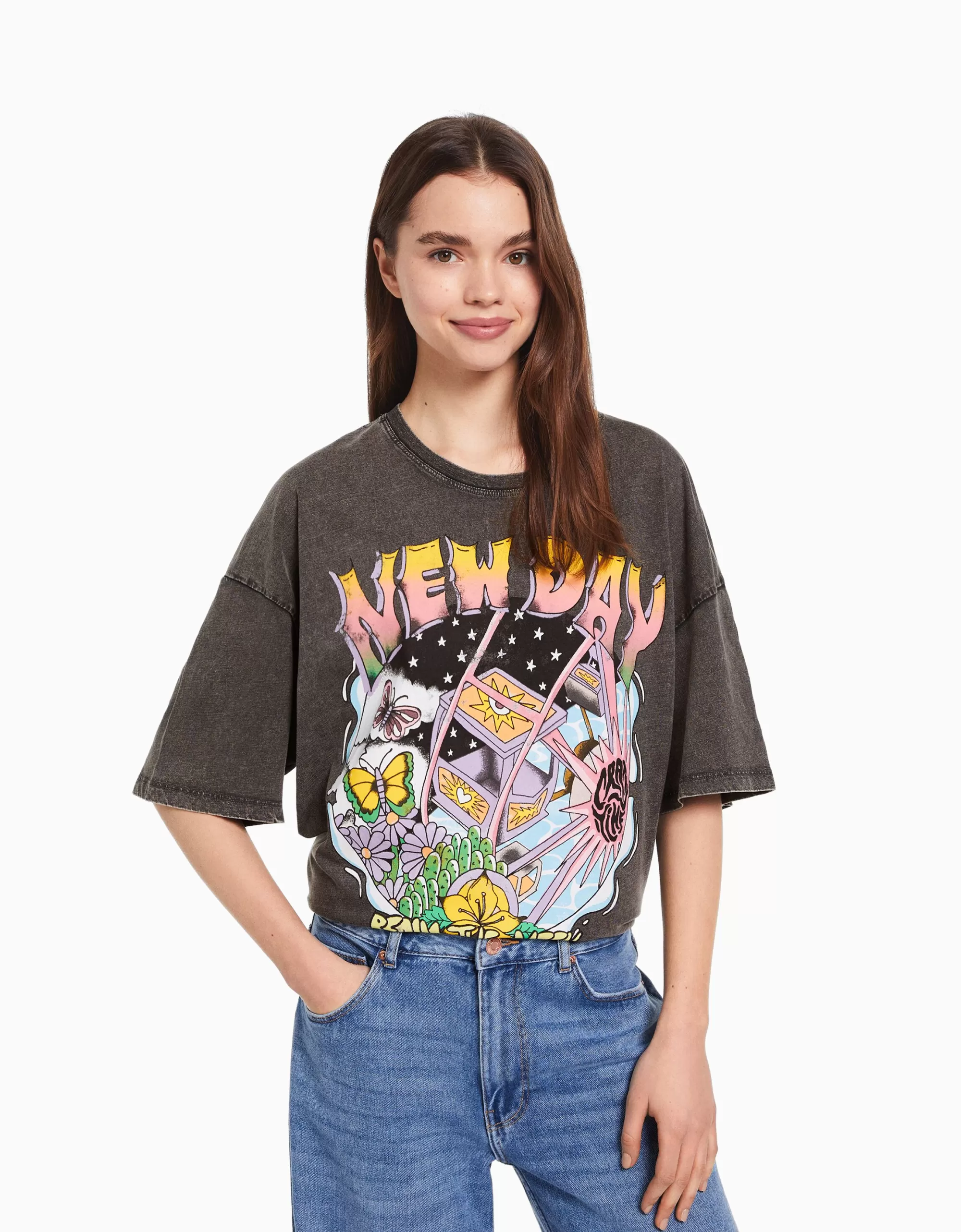 MUJER BERSHKA Camiseta manga corta efecto lavado print