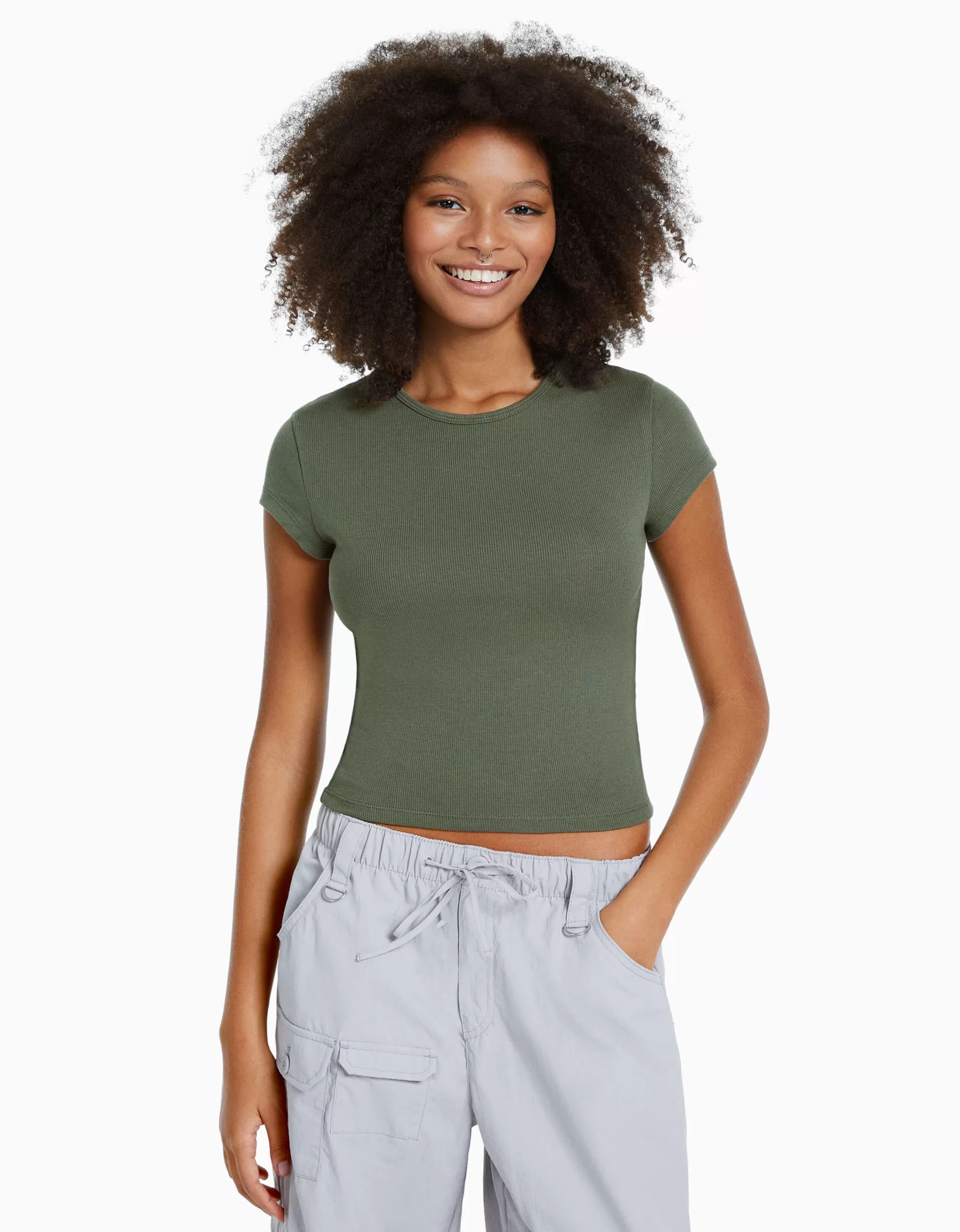 MUJER BERSHKA Camiseta manga corta rib