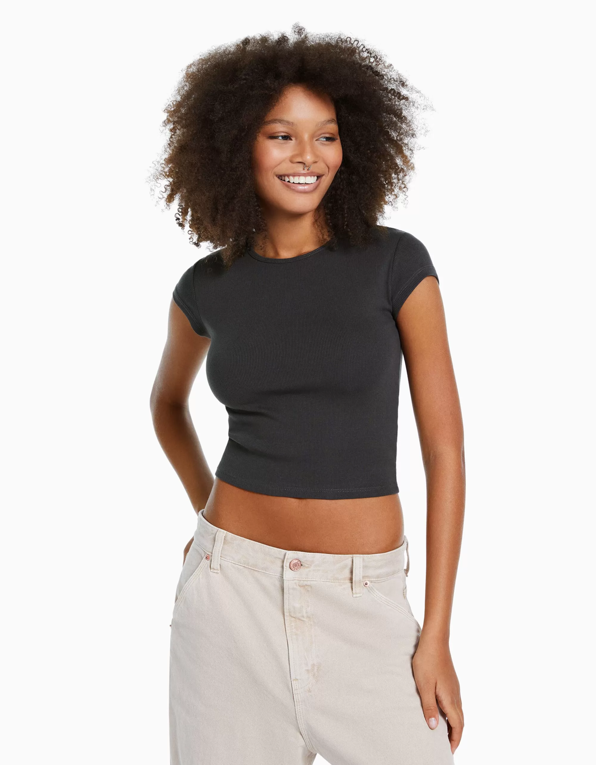 MUJER BERSHKA Camiseta manga corta rib