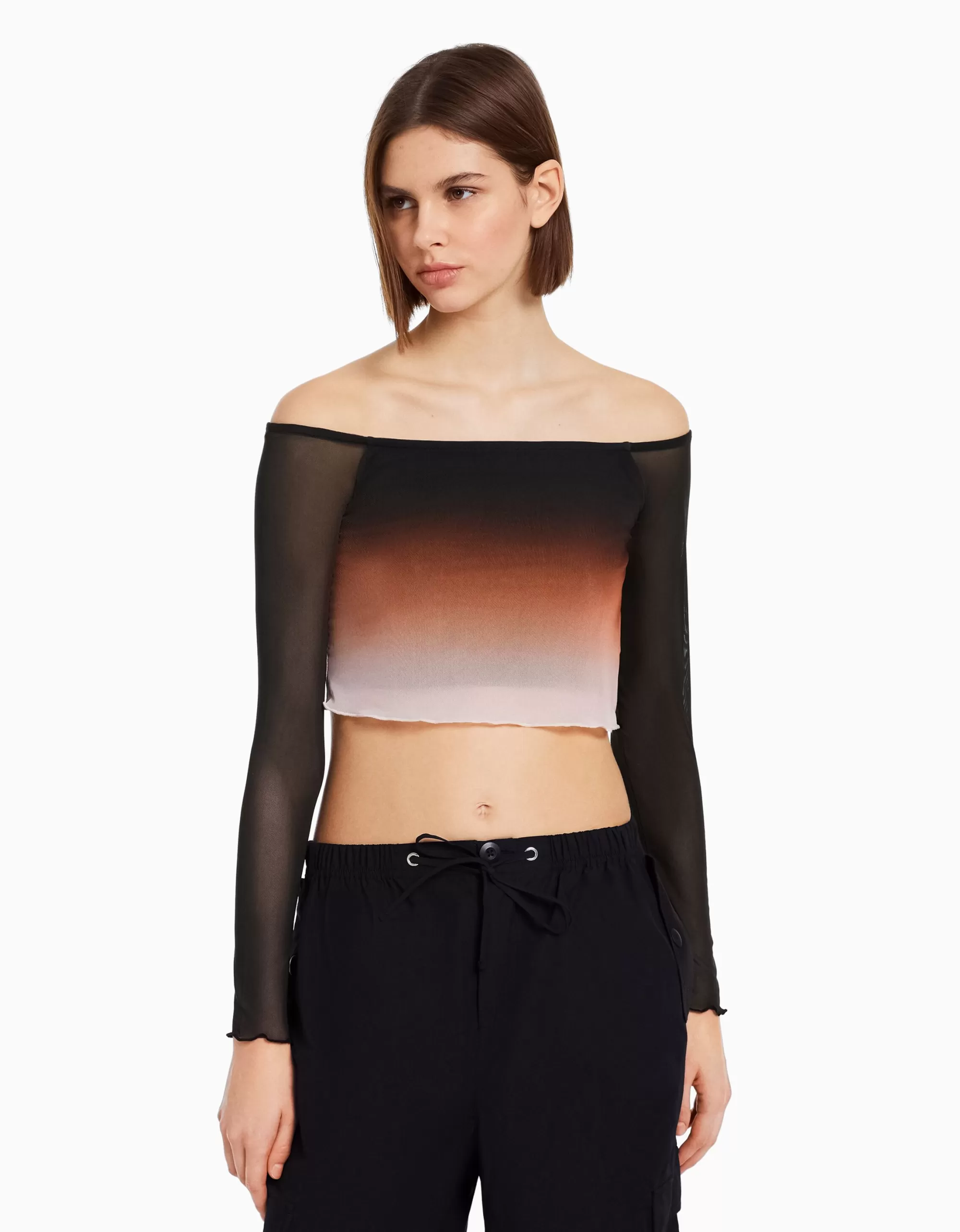 MUJER BERSHKA Camiseta manga larga bardot tul