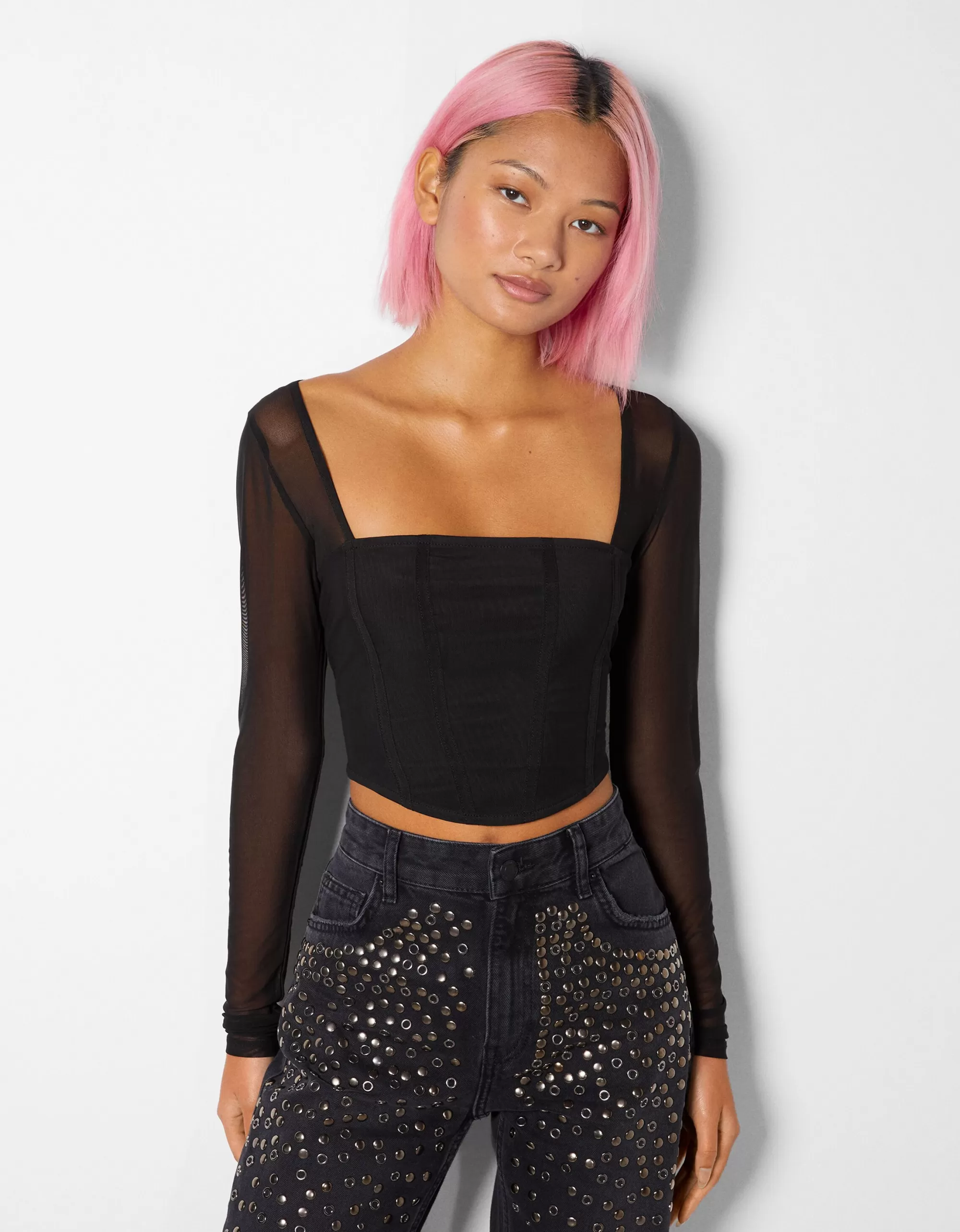 MUJER BERSHKA Camiseta manga larga corsé tul