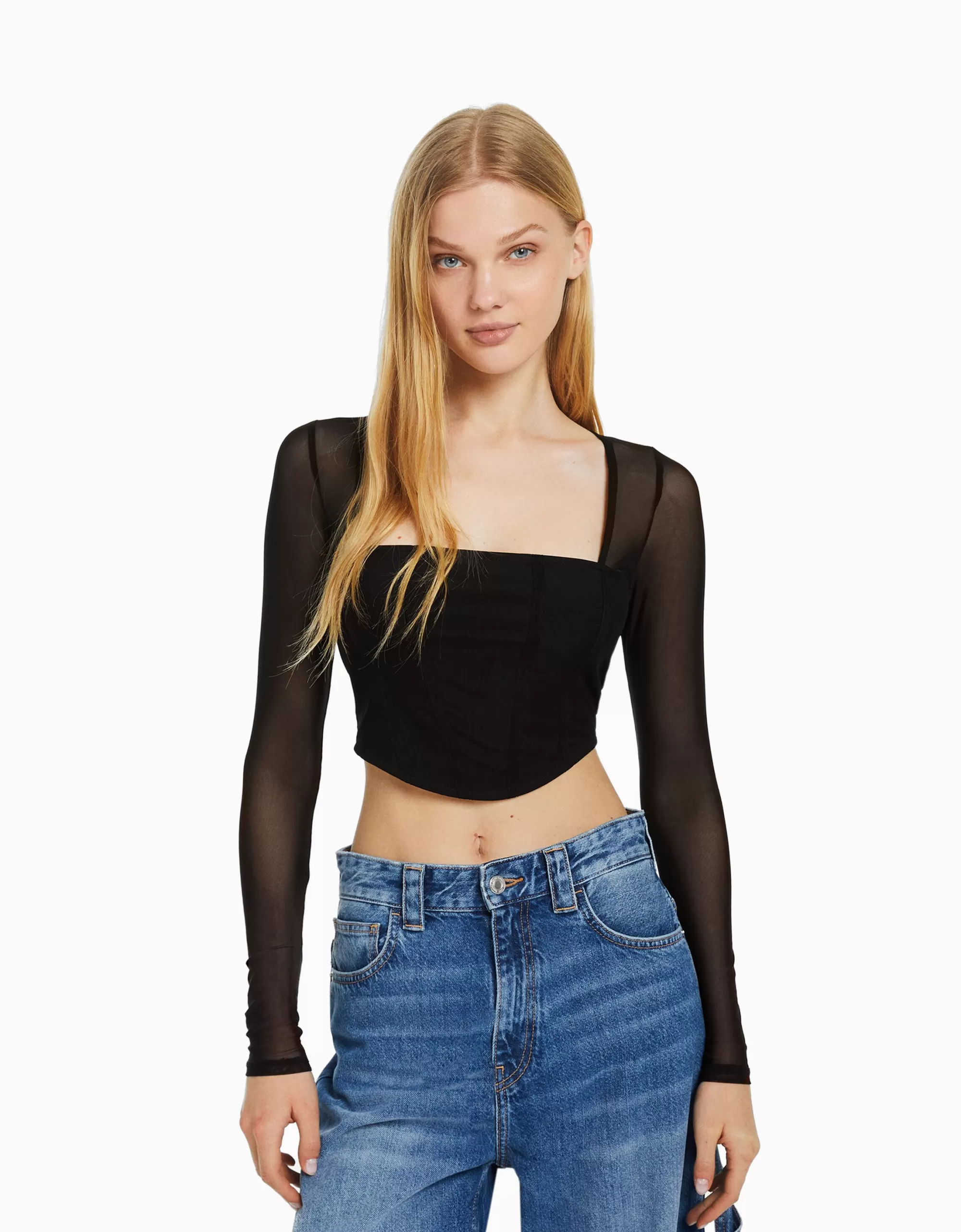 MUJER BERSHKA Camiseta manga larga corsé tul