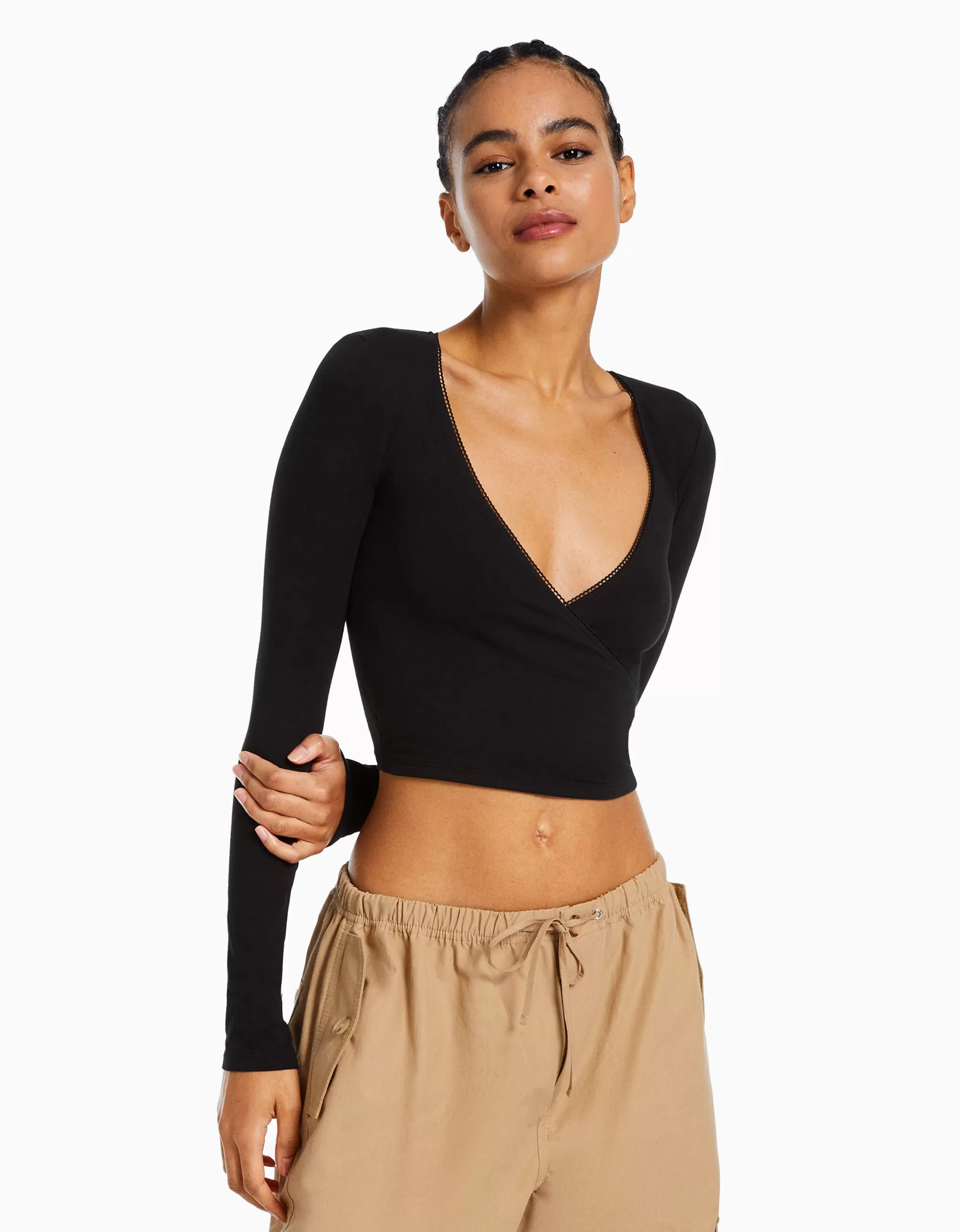 MUJER BERSHKA Camiseta manga larga cruzada