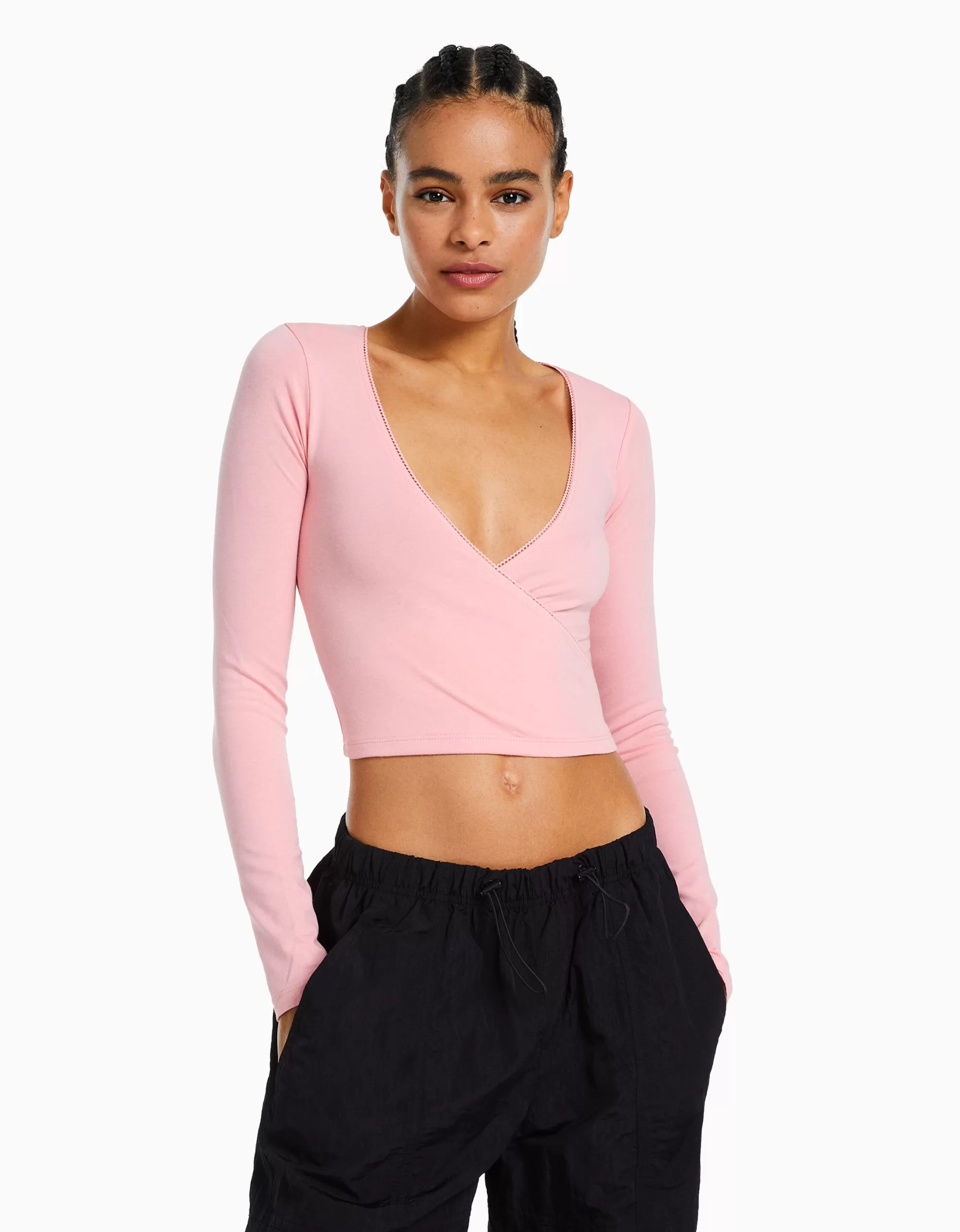 MUJER BERSHKA Camiseta manga larga cruzada