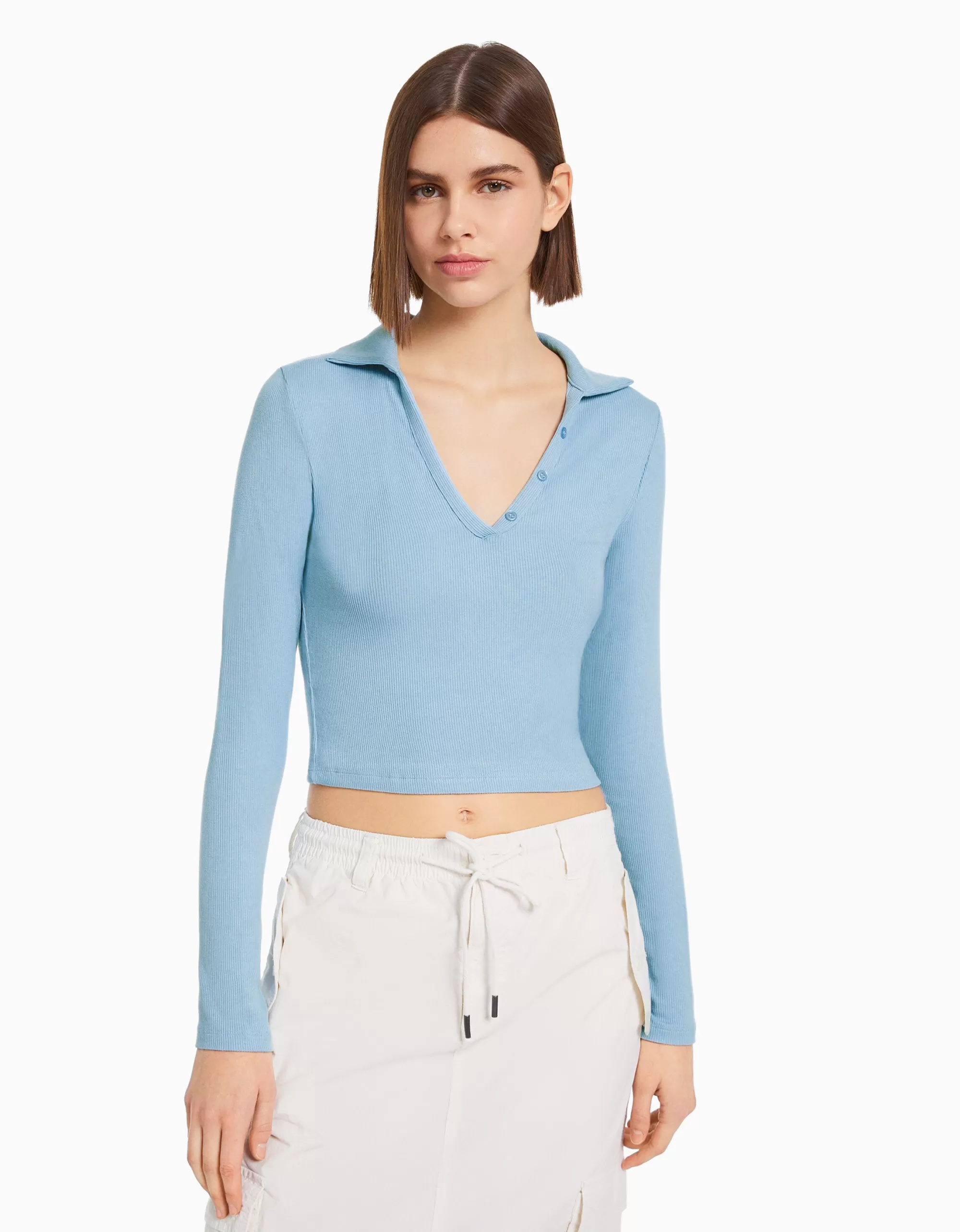 MUJER BERSHKA Camiseta manga larga cuello polo botones