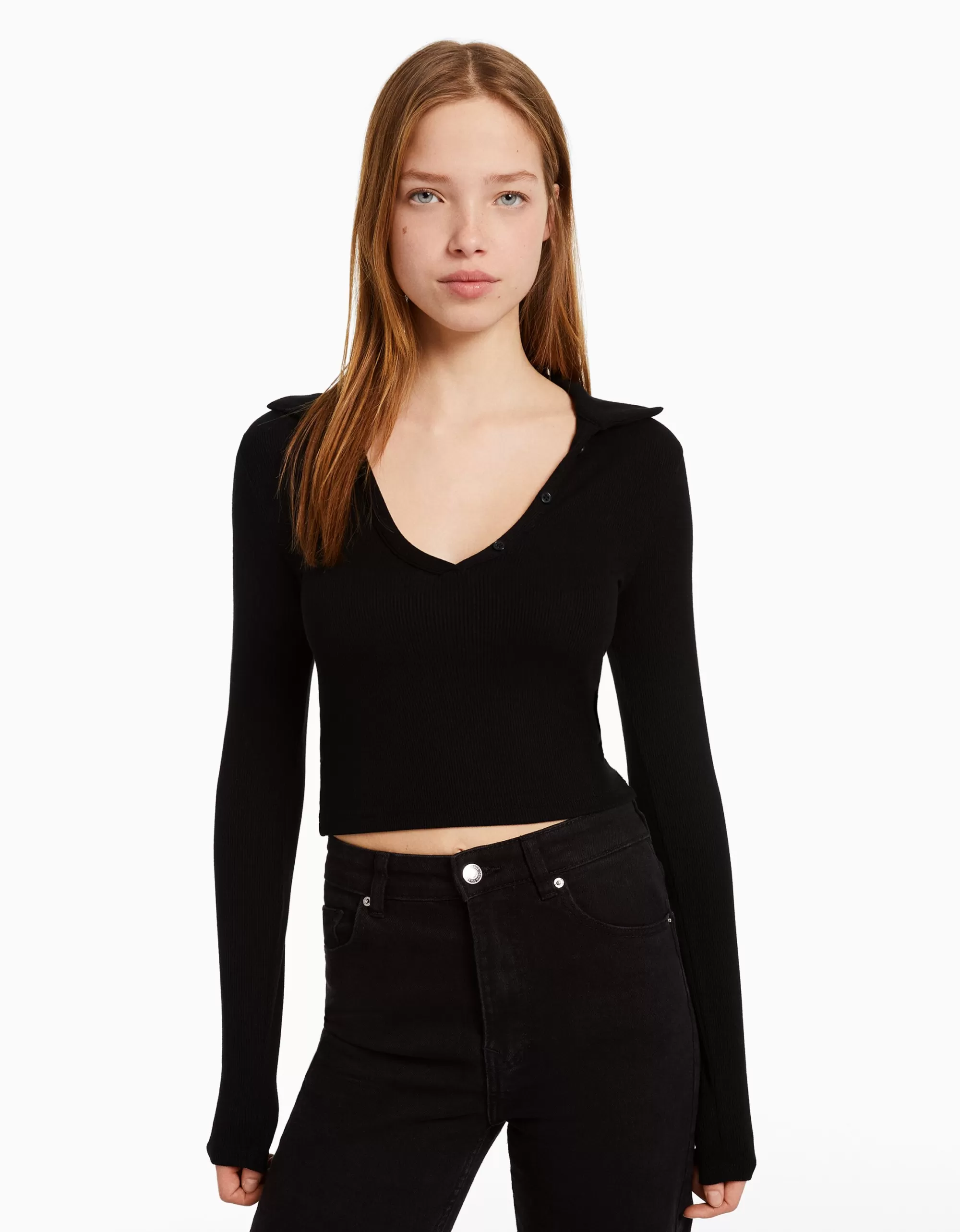 MUJER BERSHKA Camiseta manga larga cuello polo botones