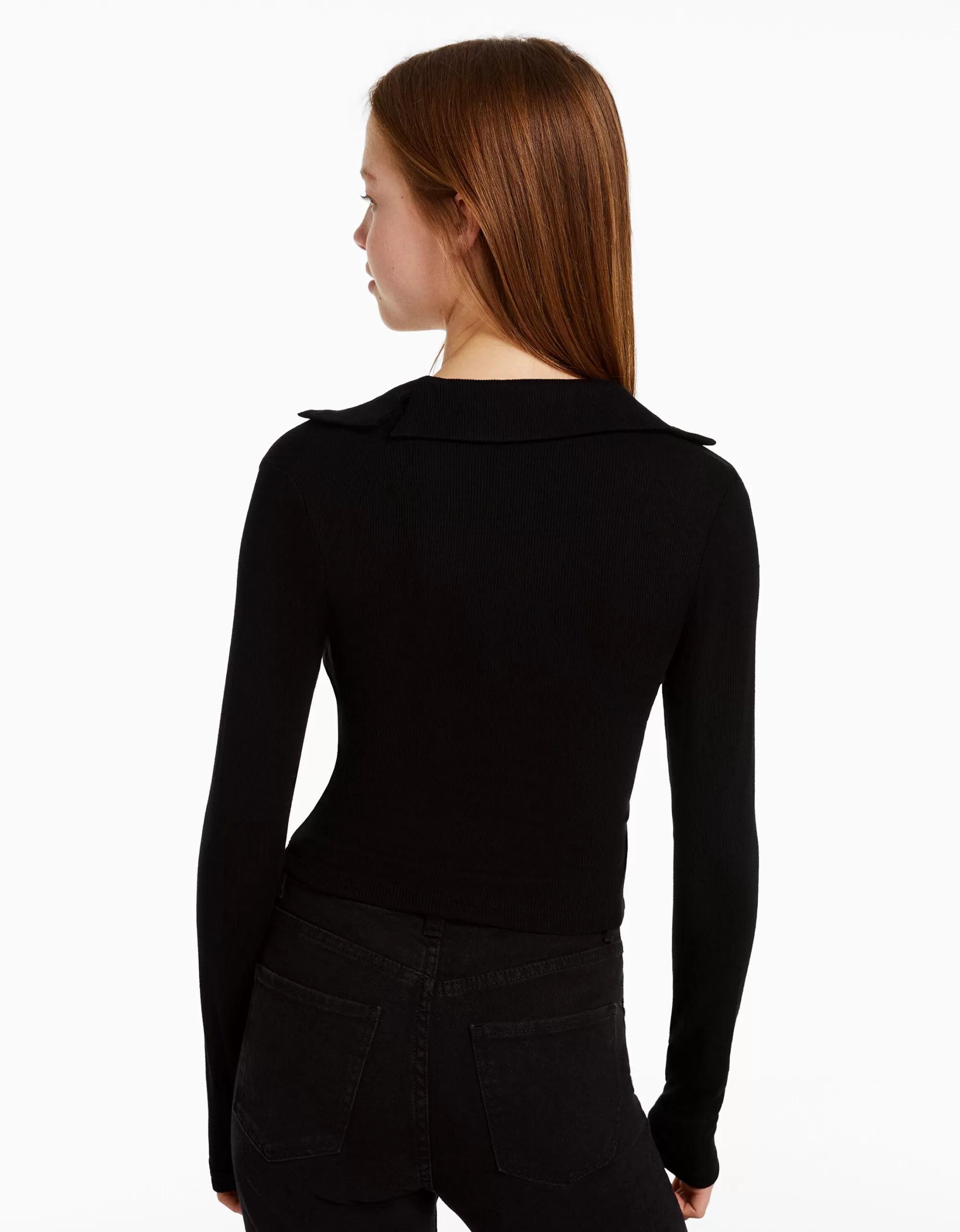 MUJER BERSHKA Camiseta manga larga cuello polo botones