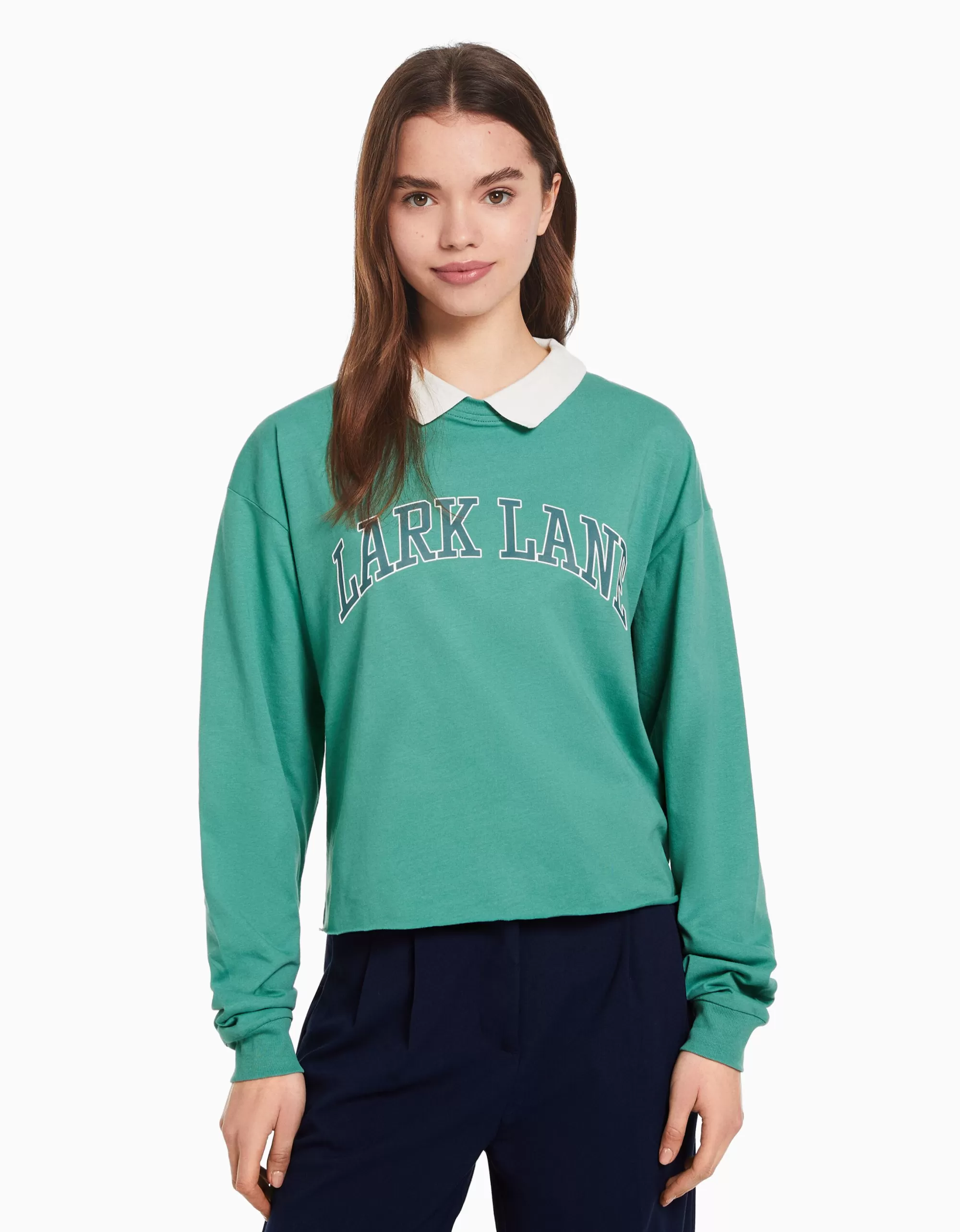MUJER BERSHKA Camiseta manga larga cuello polo print