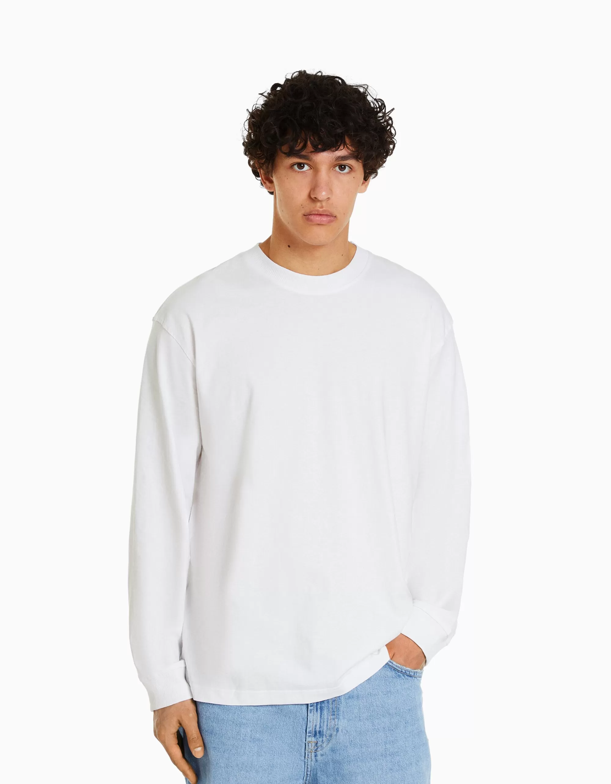MUJER BERSHKA Camiseta manga larga oversize print