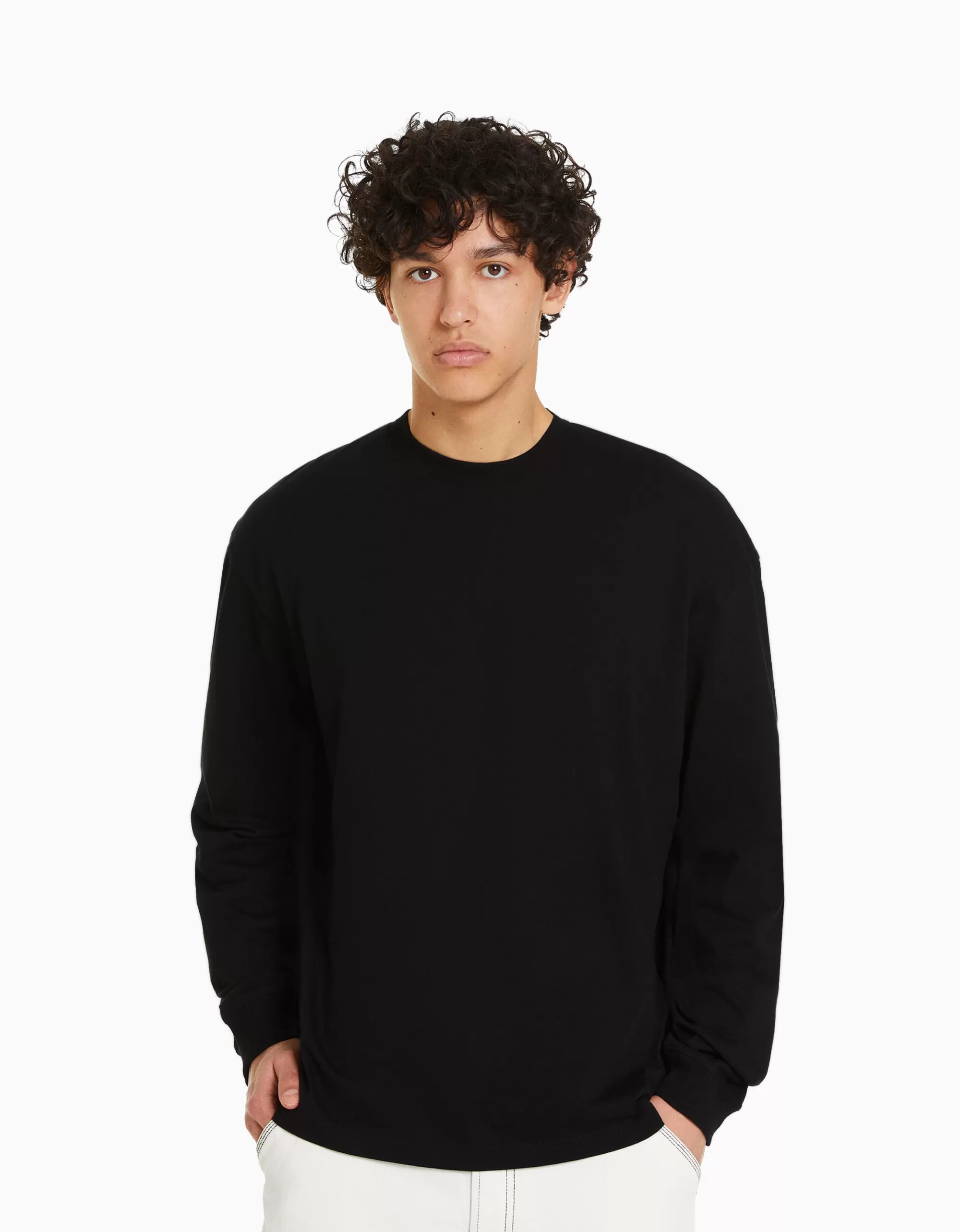 MUJER BERSHKA Camiseta manga larga oversize print