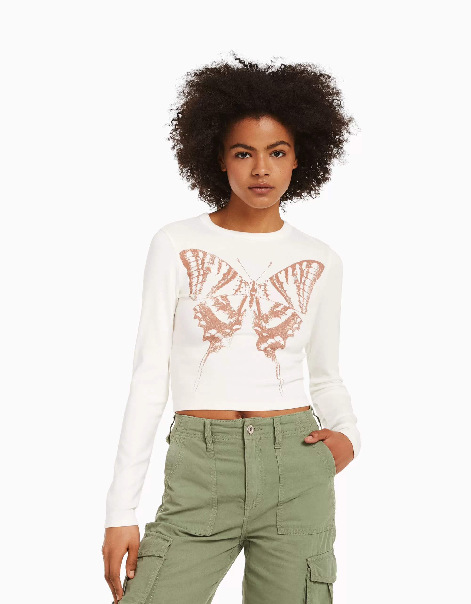 MUJER BERSHKA Camiseta manga larga print