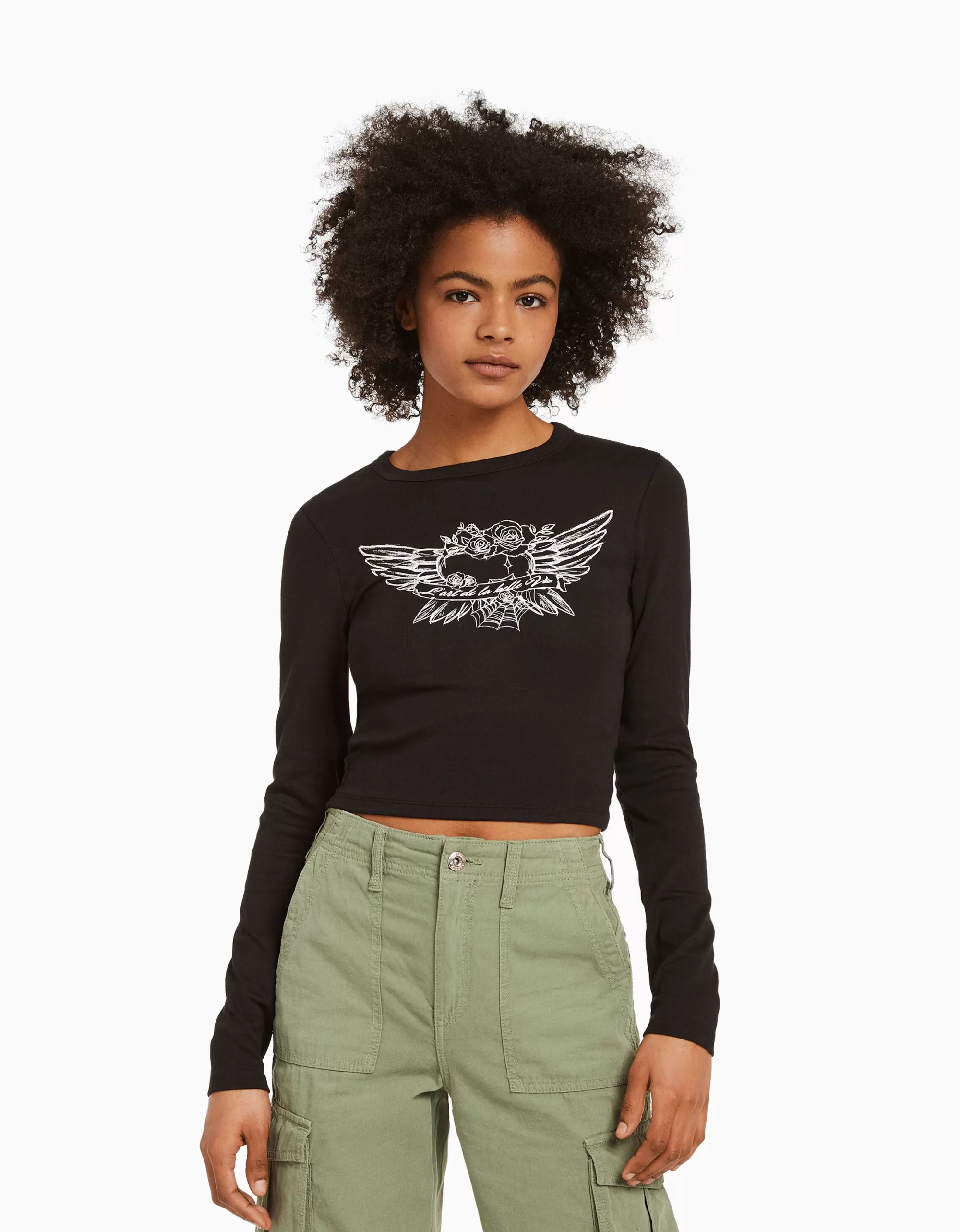 MUJER BERSHKA Camiseta manga larga print