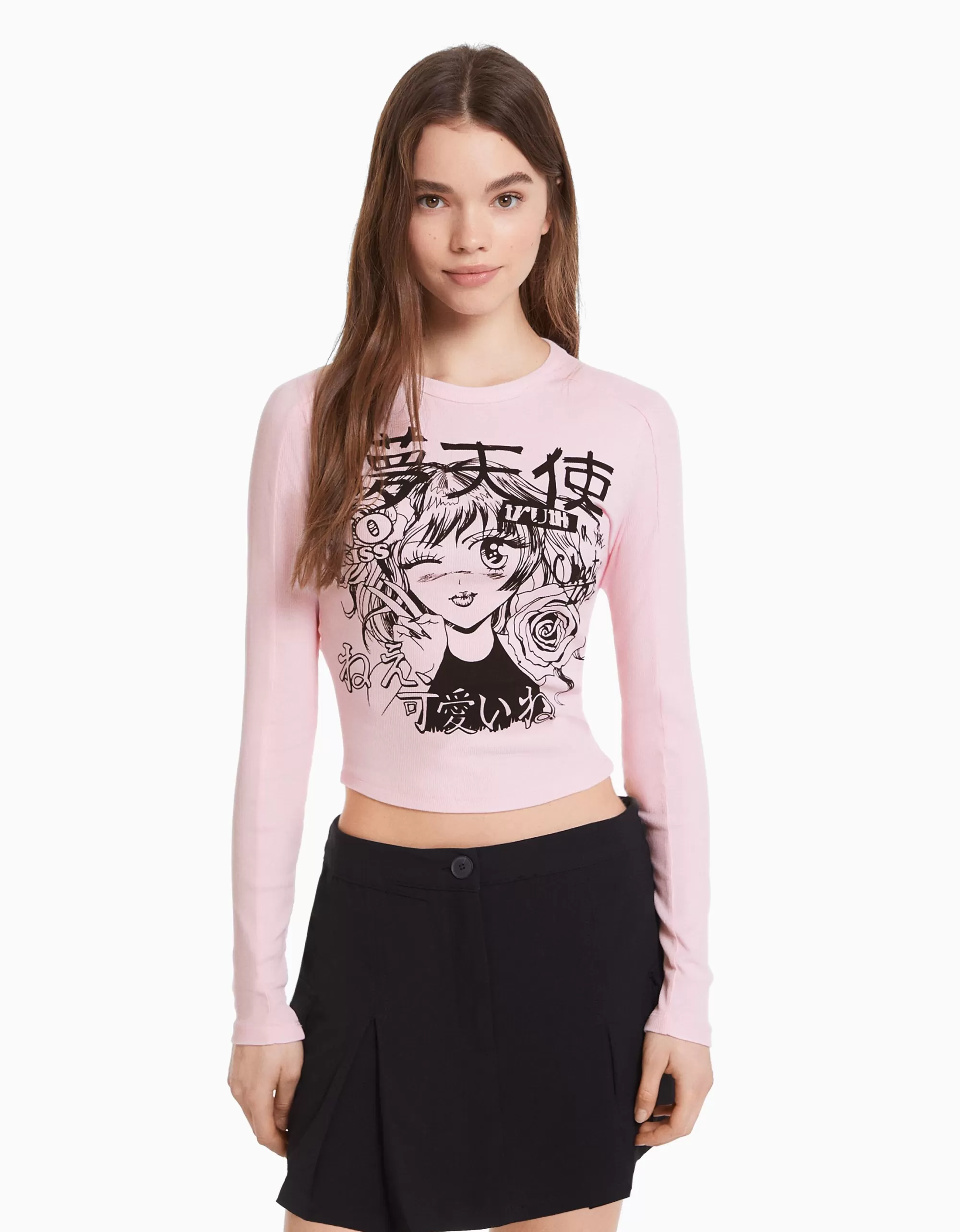 MUJER BERSHKA Camiseta manga larga print anime