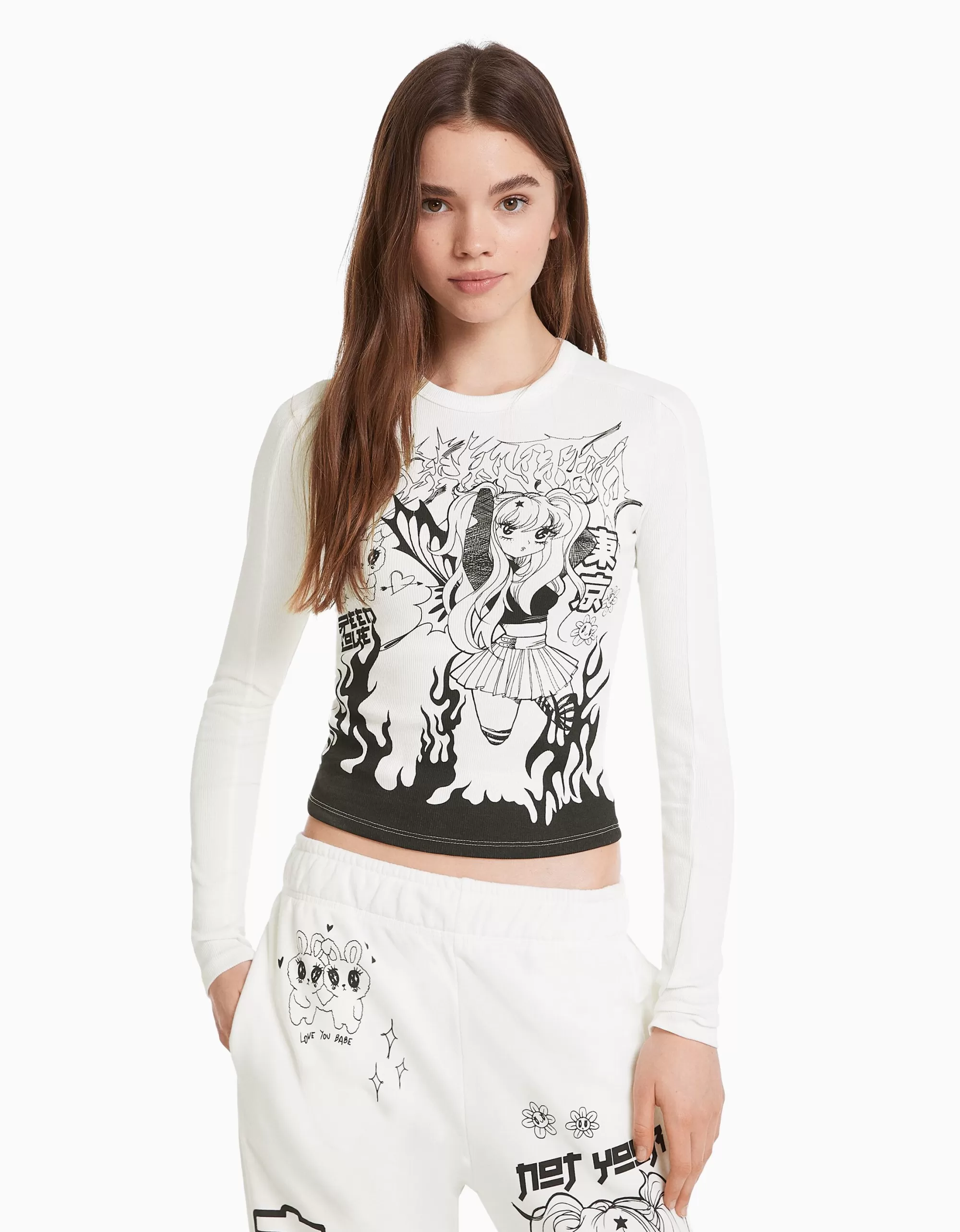 MUJER BERSHKA Camiseta manga larga print anime