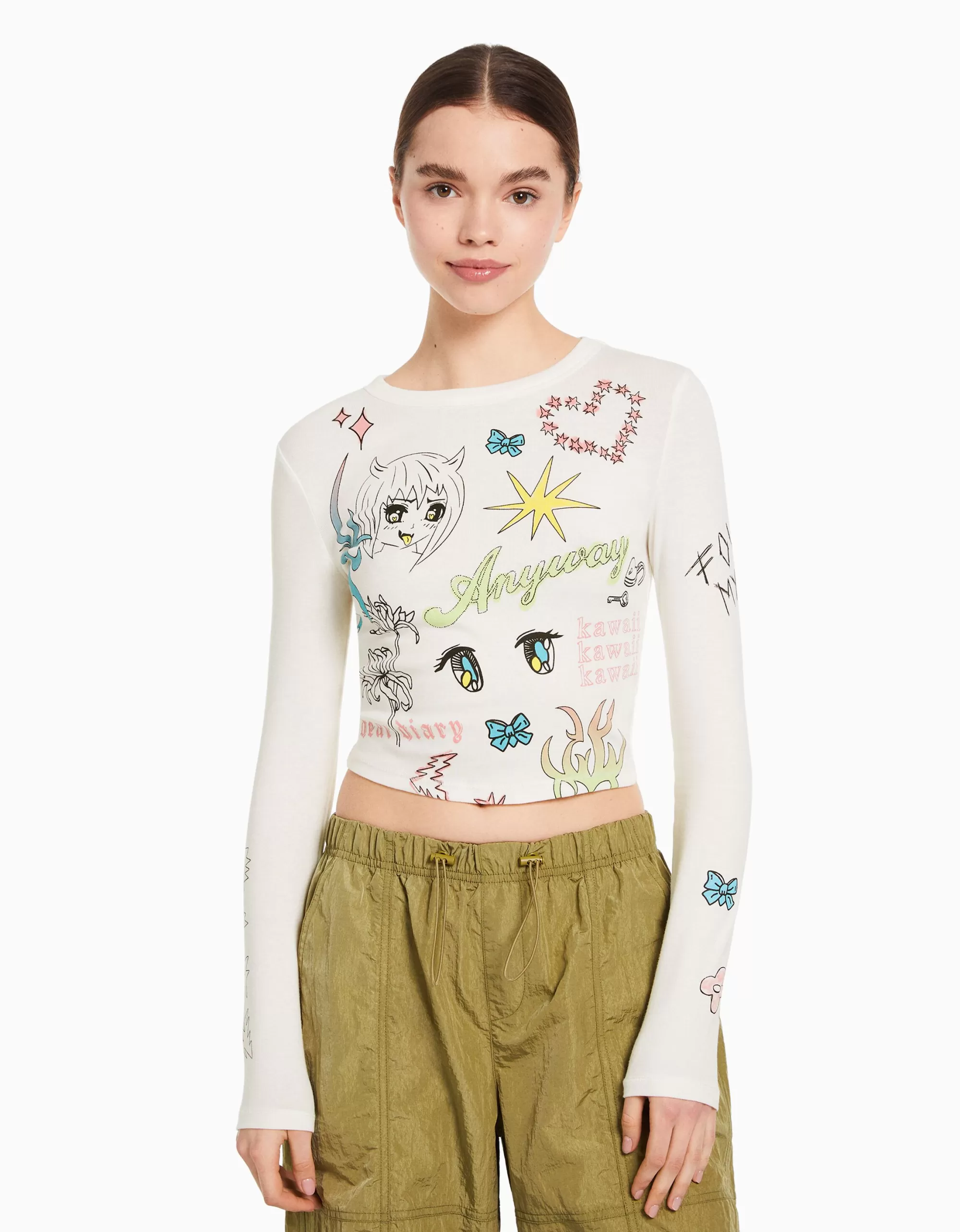 MUJER BERSHKA Camiseta manga larga print mariposa