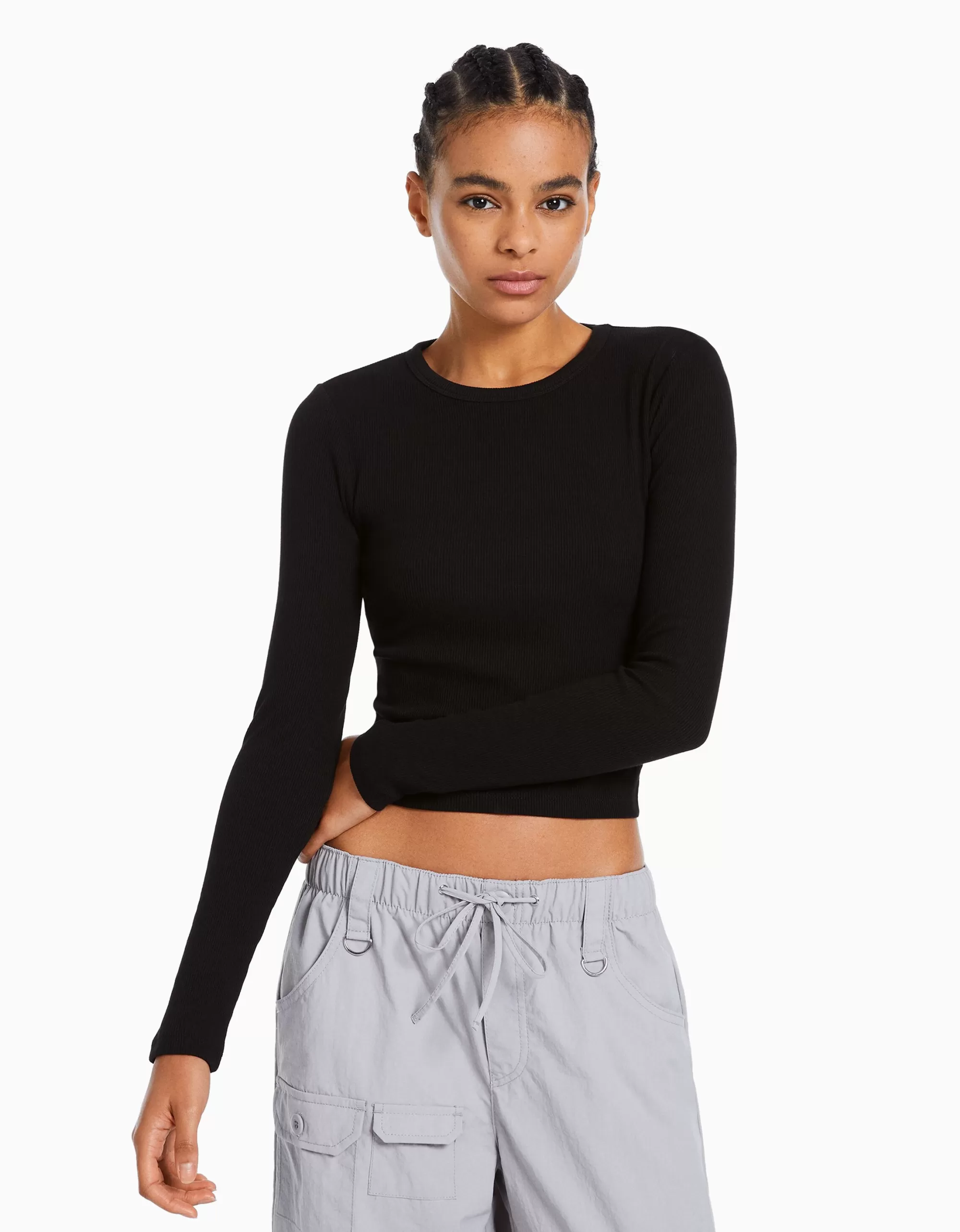 MUJER BERSHKA Camiseta manga larga rib