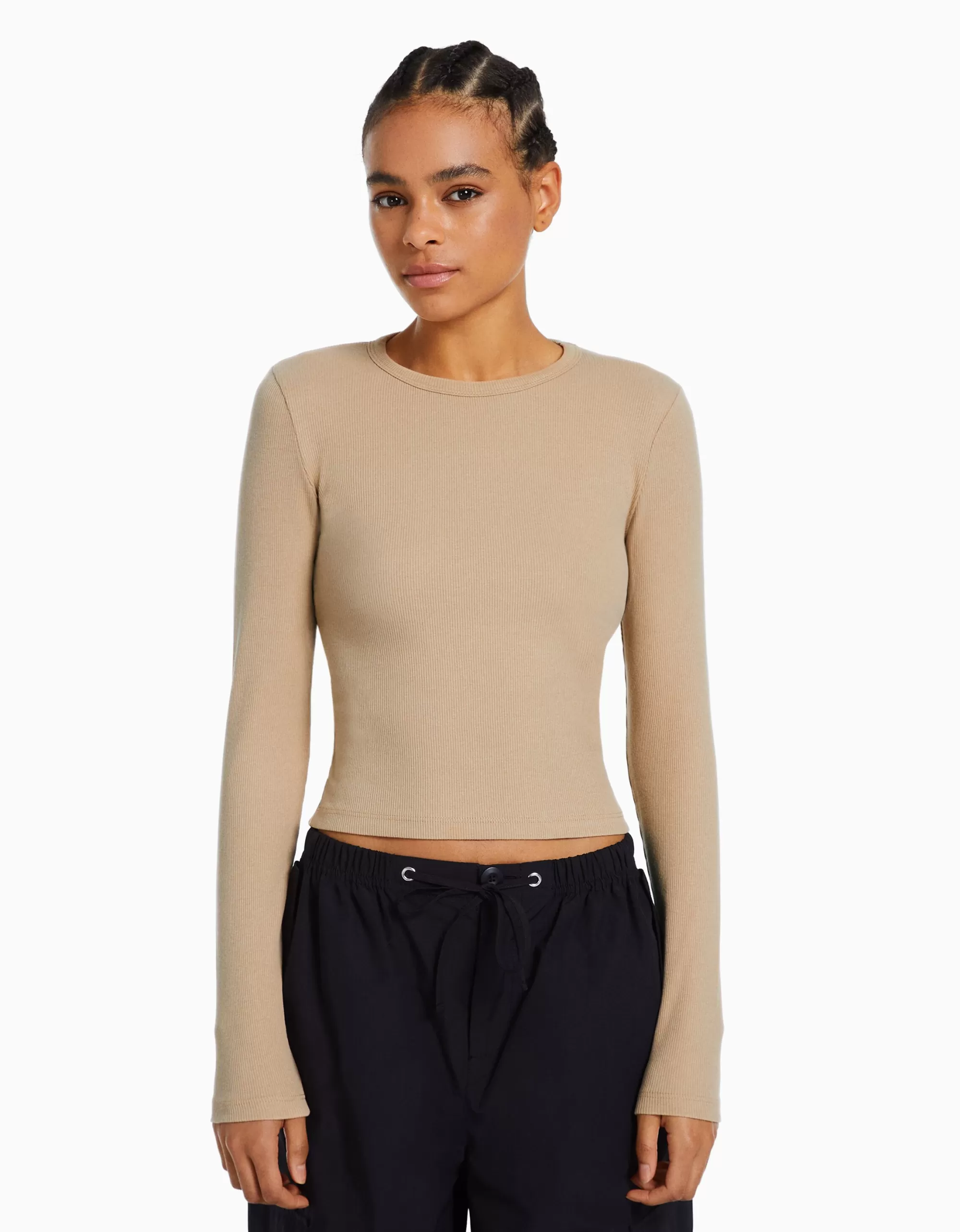 MUJER BERSHKA Camiseta manga larga rib