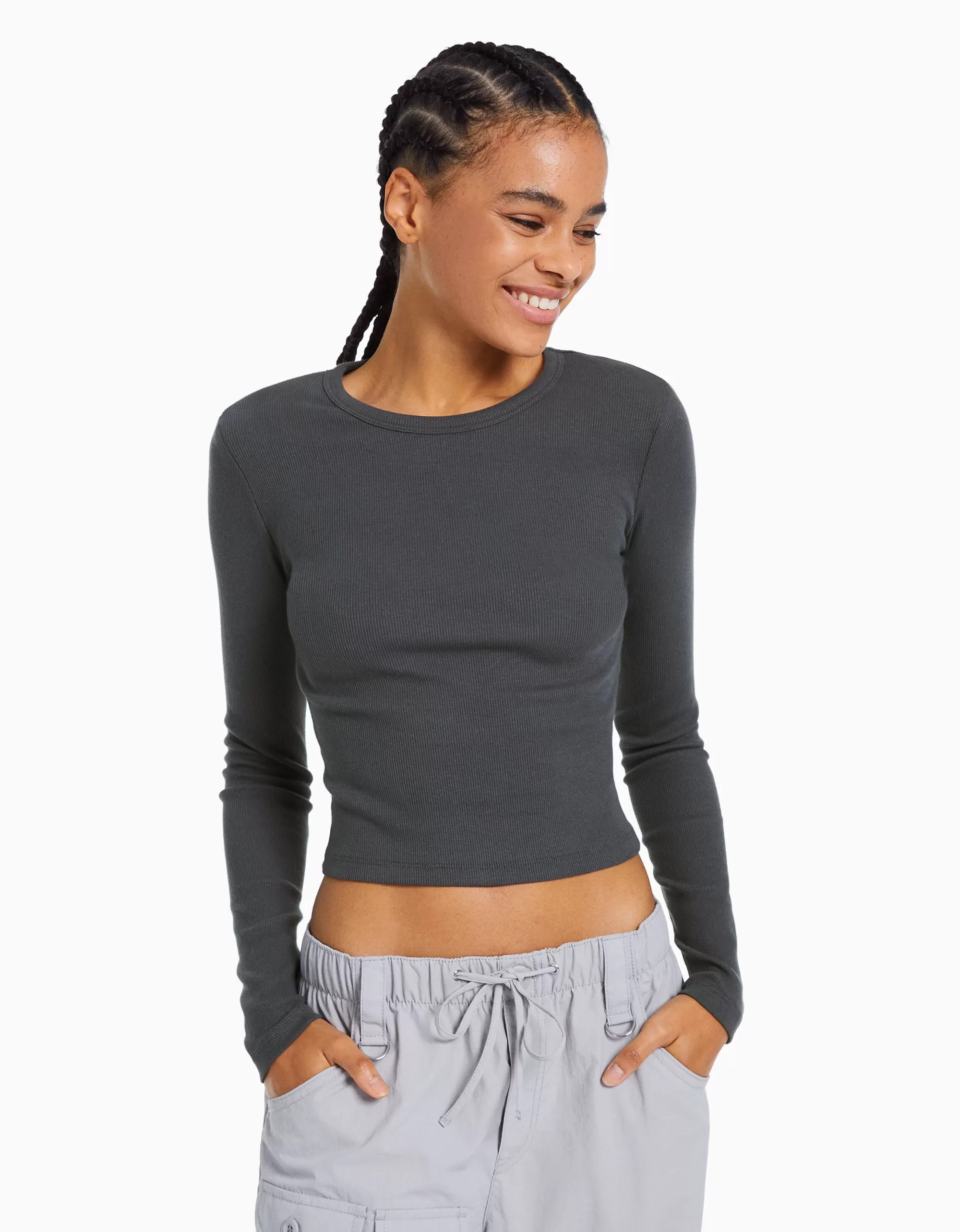 MUJER BERSHKA Camiseta manga larga rib