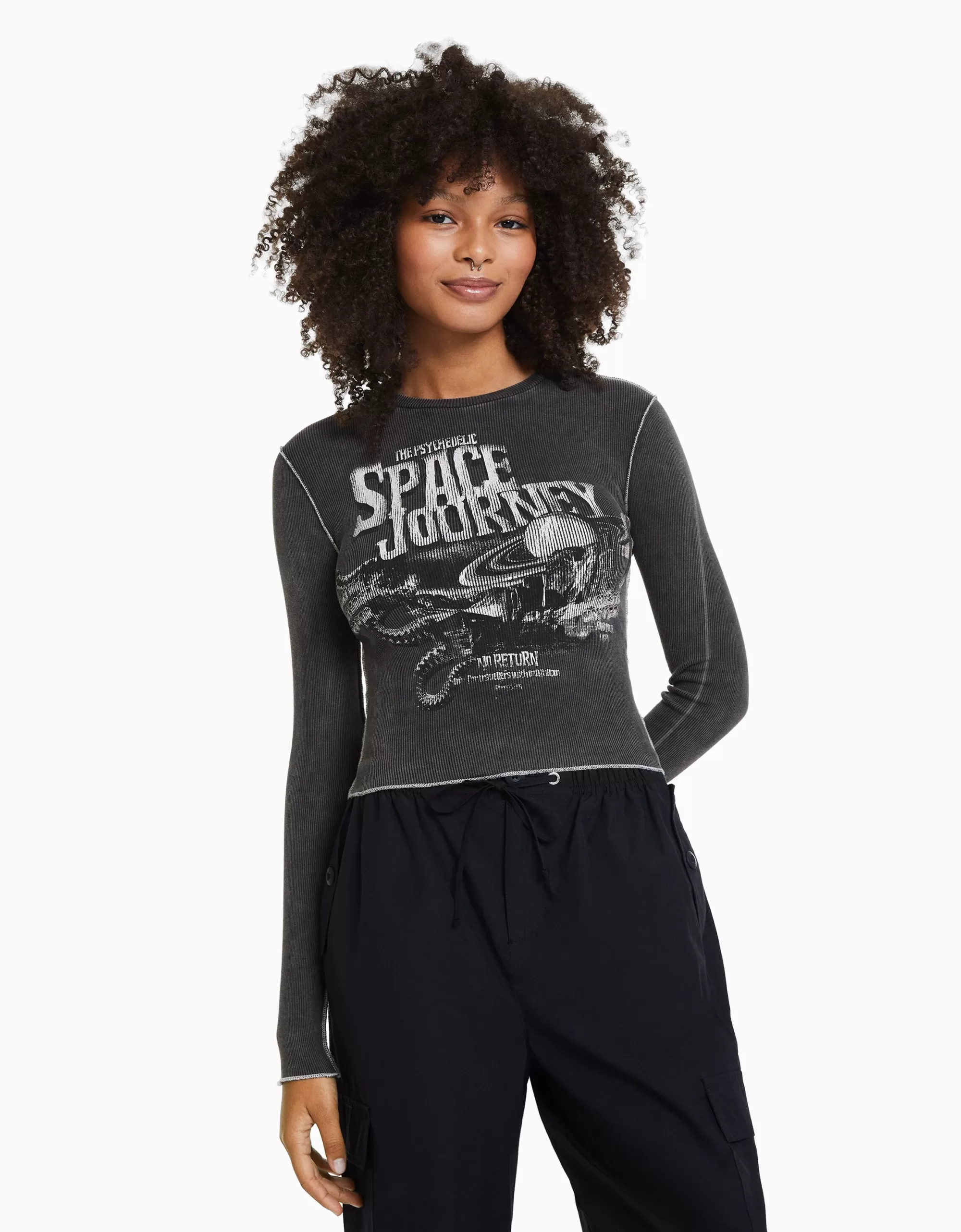 MUJER BERSHKA Camiseta manga larga rib