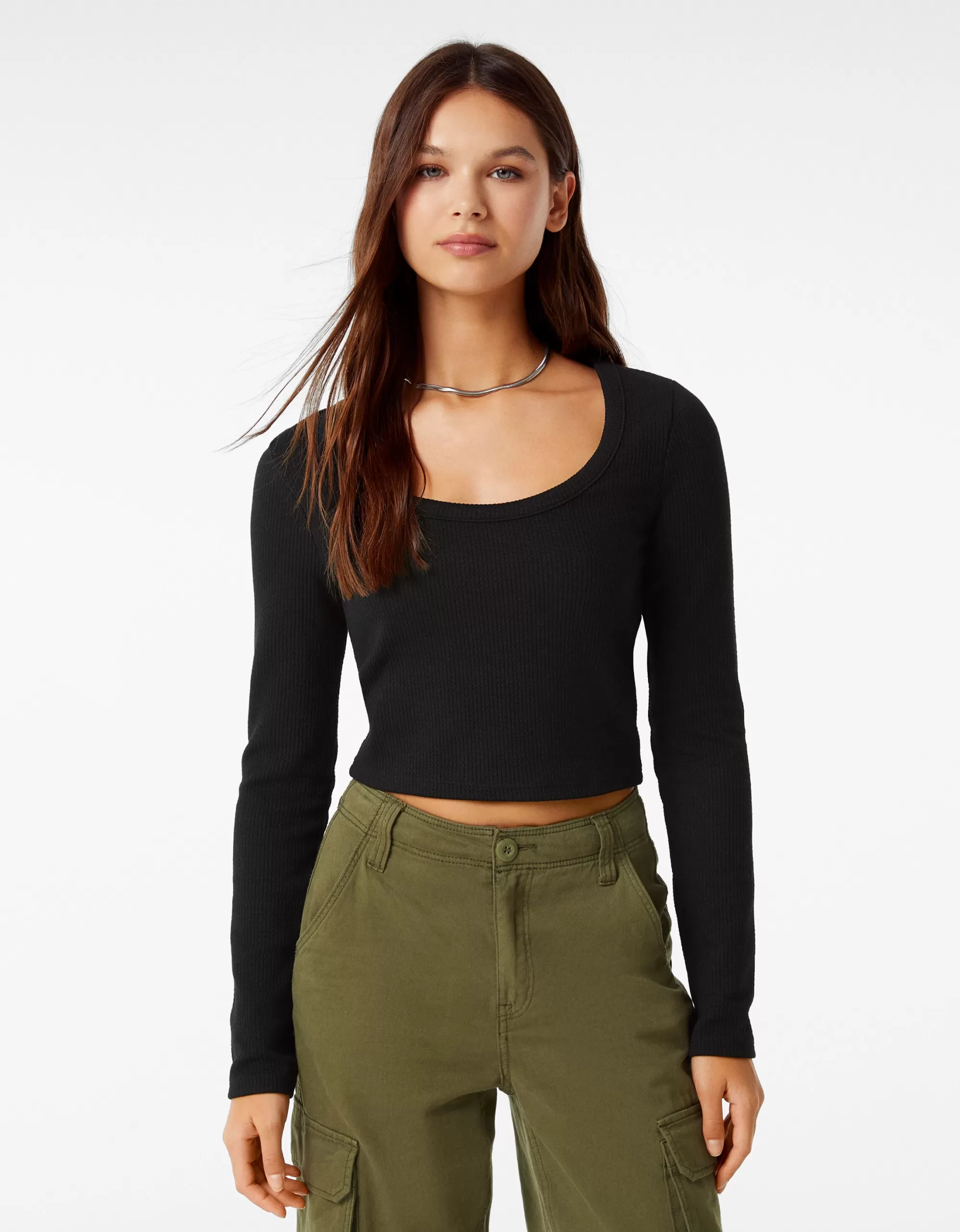 MUJER BERSHKA Camiseta manga larga rib textura