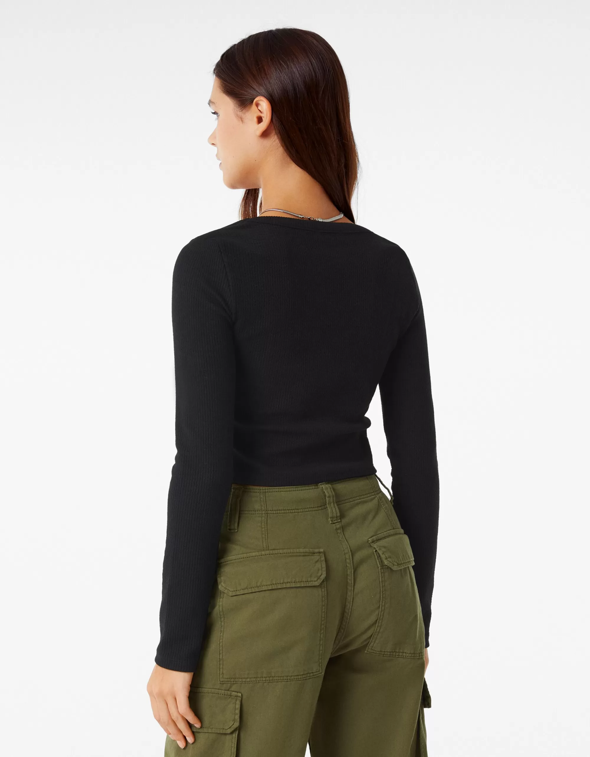 MUJER BERSHKA Camiseta manga larga rib textura