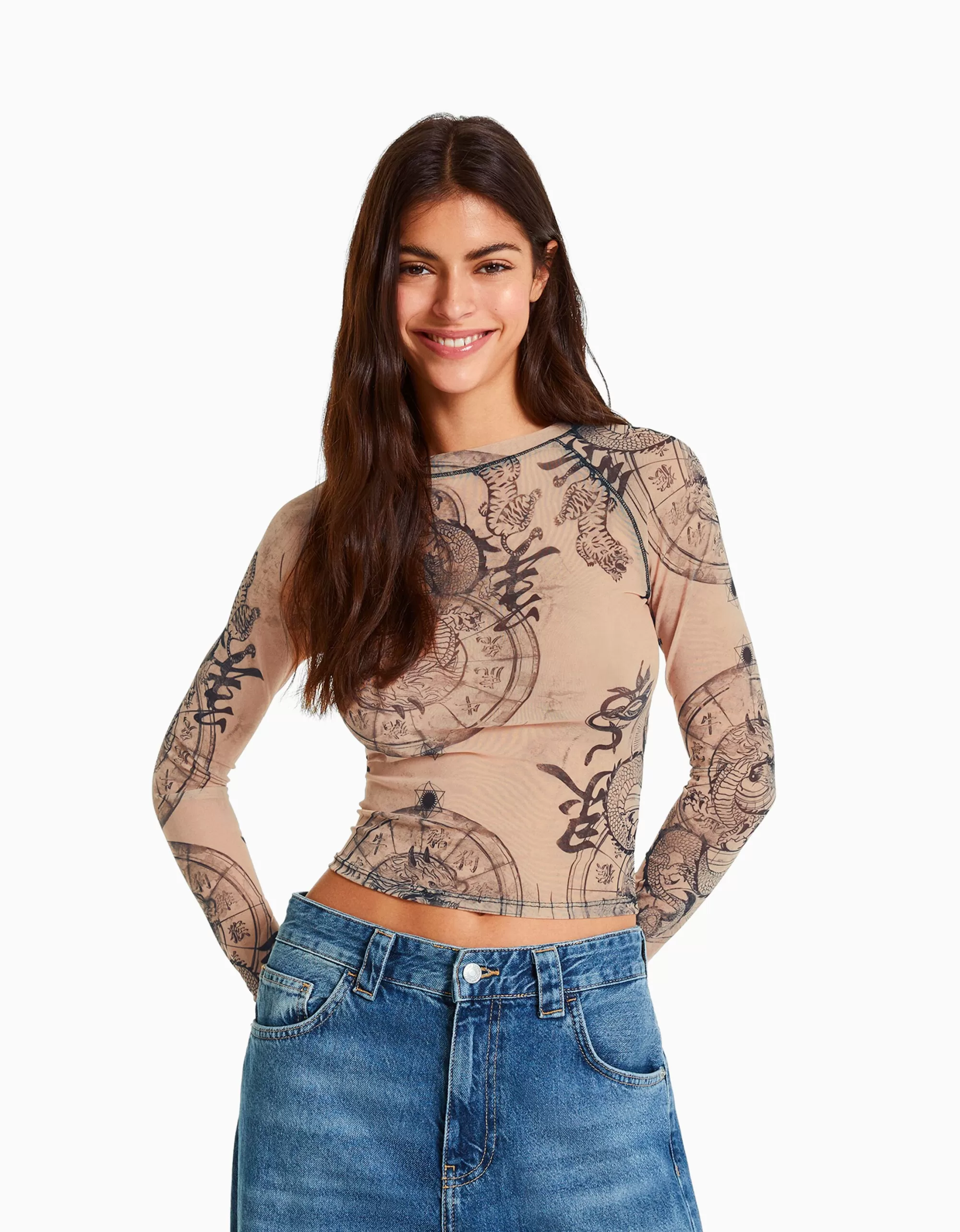MUJER BERSHKA Camiseta manga larga tul ranglan
