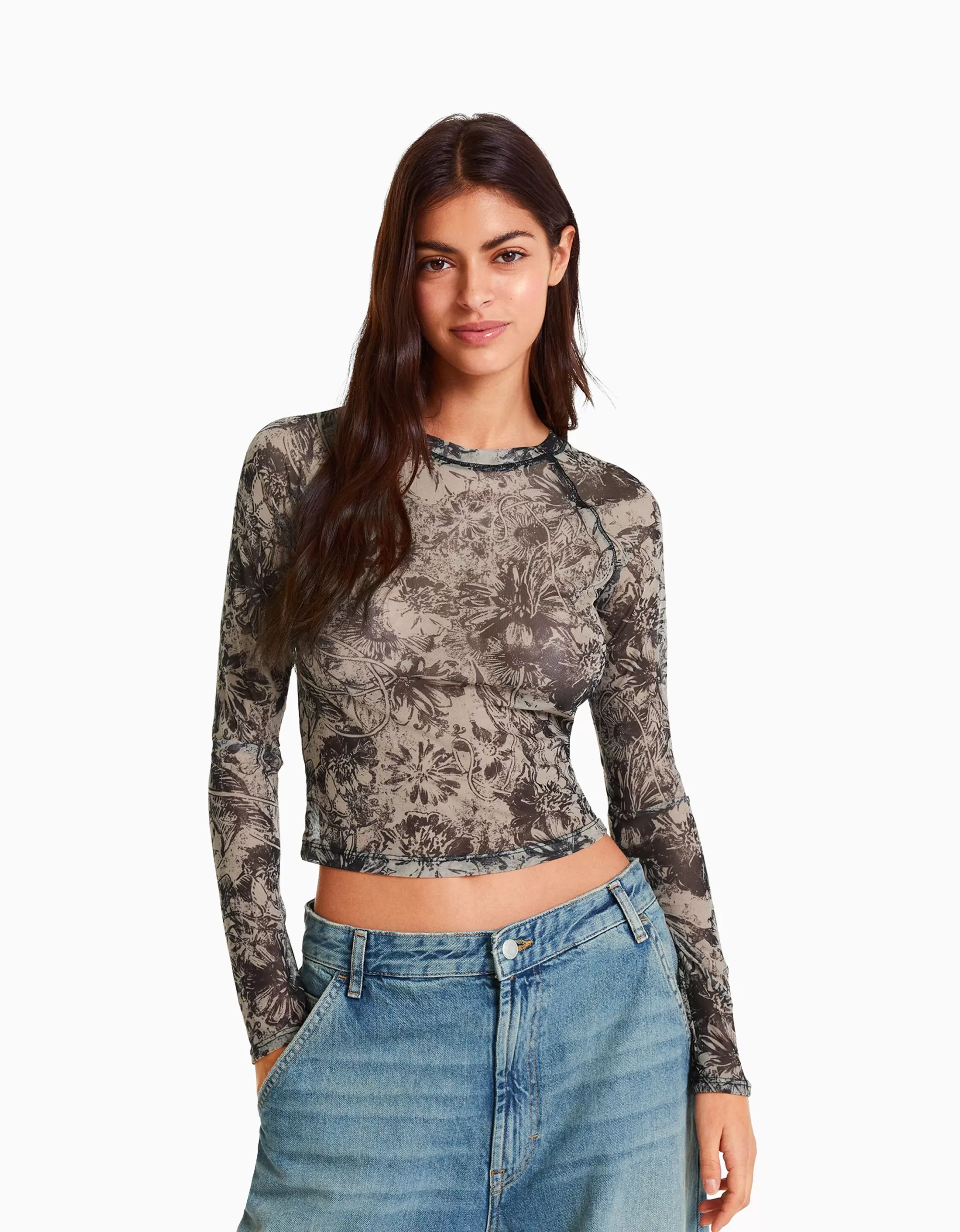 MUJER BERSHKA Camiseta manga larga tul ranglan