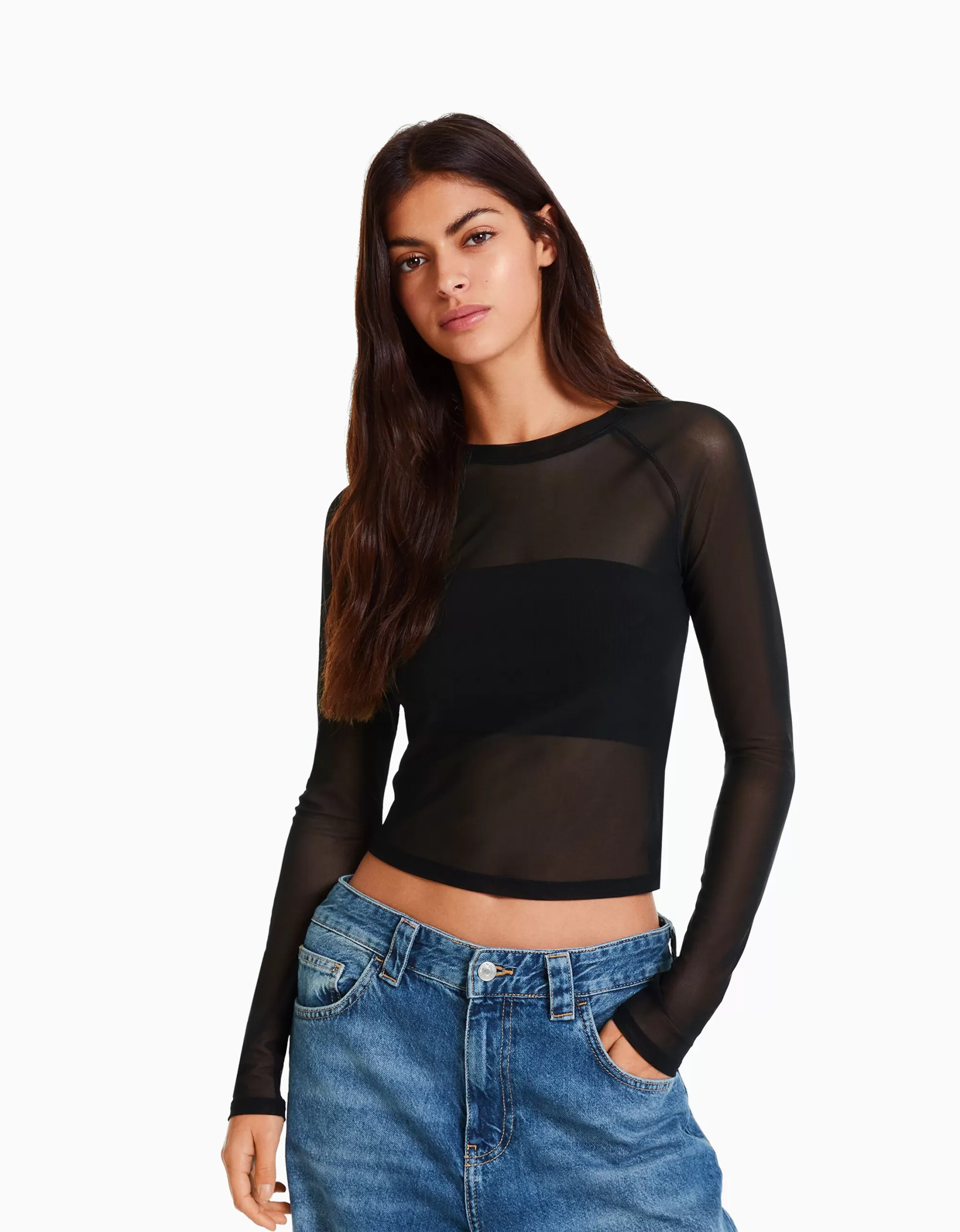 MUJER BERSHKA Camiseta manga larga tul ranglan