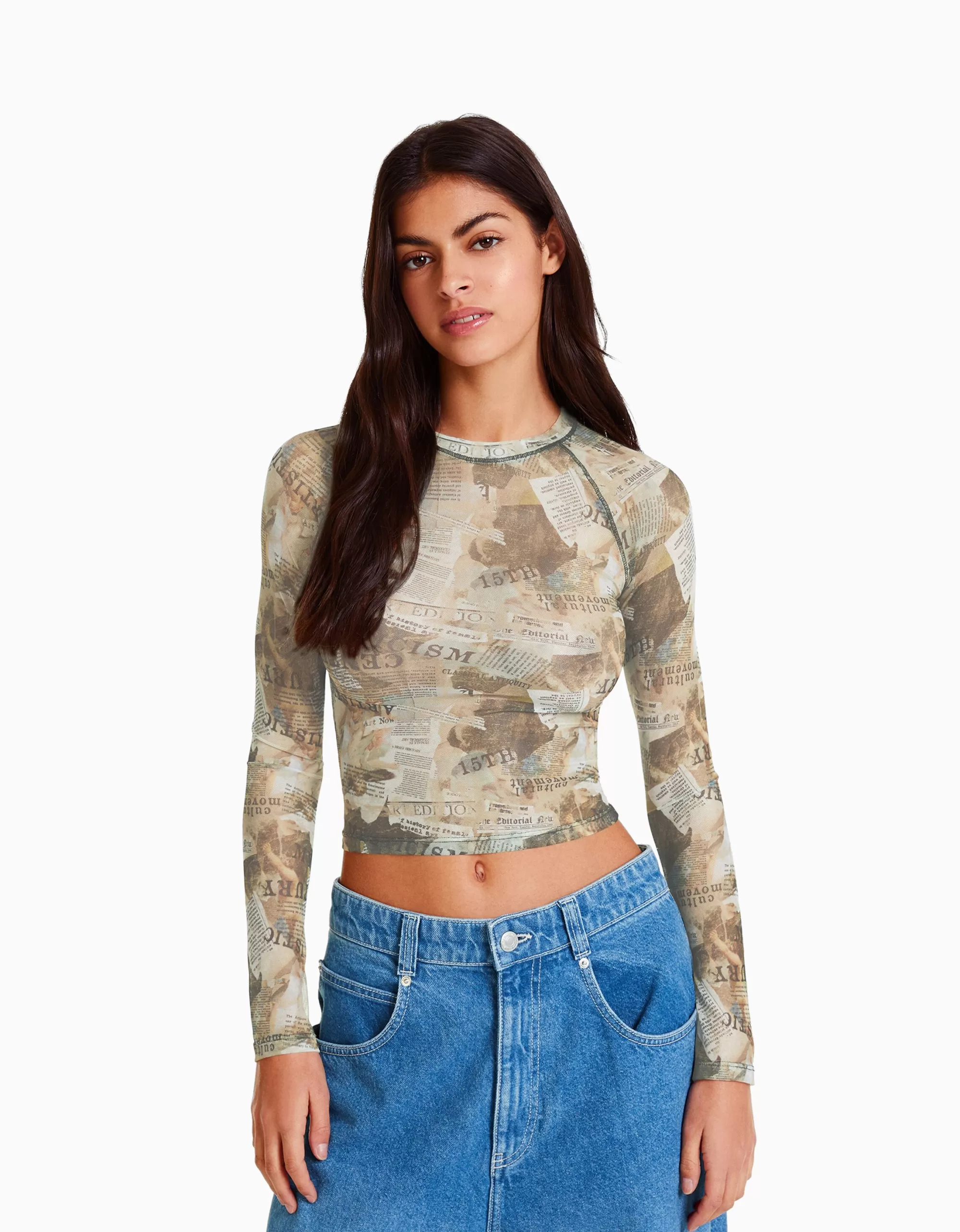 MUJER BERSHKA Camiseta manga larga tul ranglan
