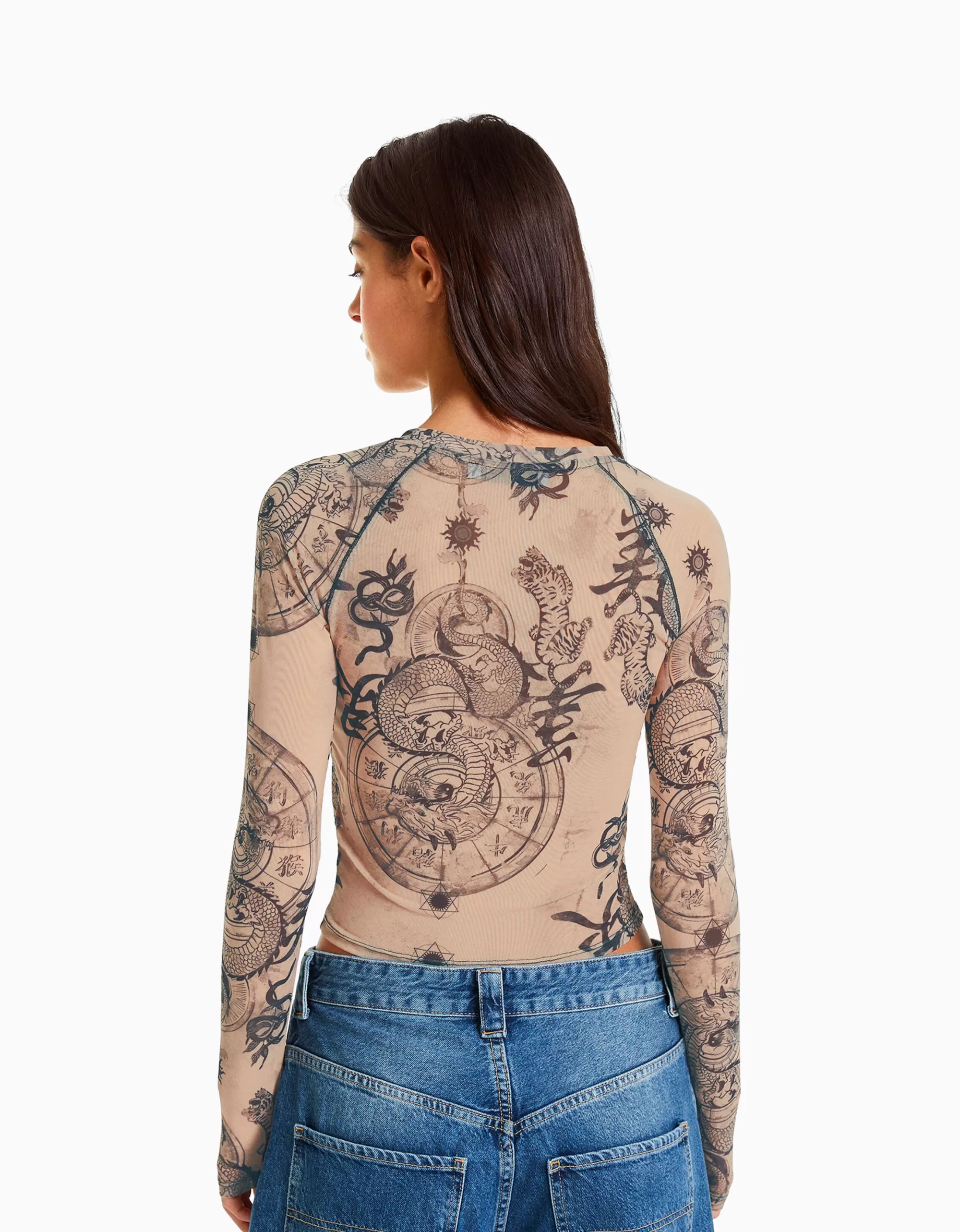 MUJER BERSHKA Camiseta manga larga tul ranglan