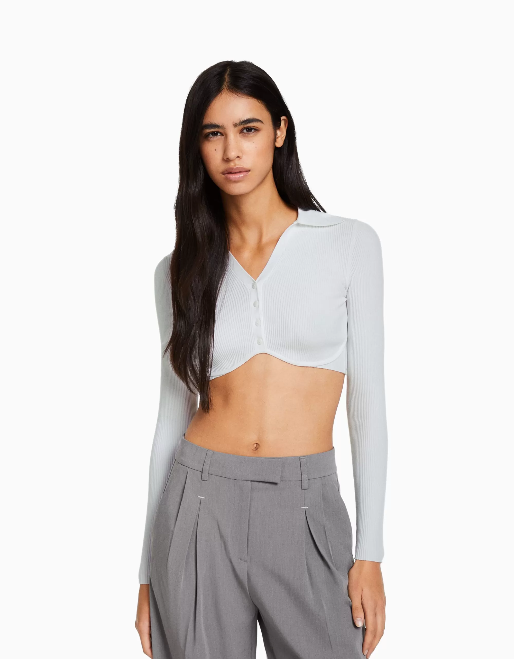MUJER BERSHKA Cárdigan cuello polo cropped botones