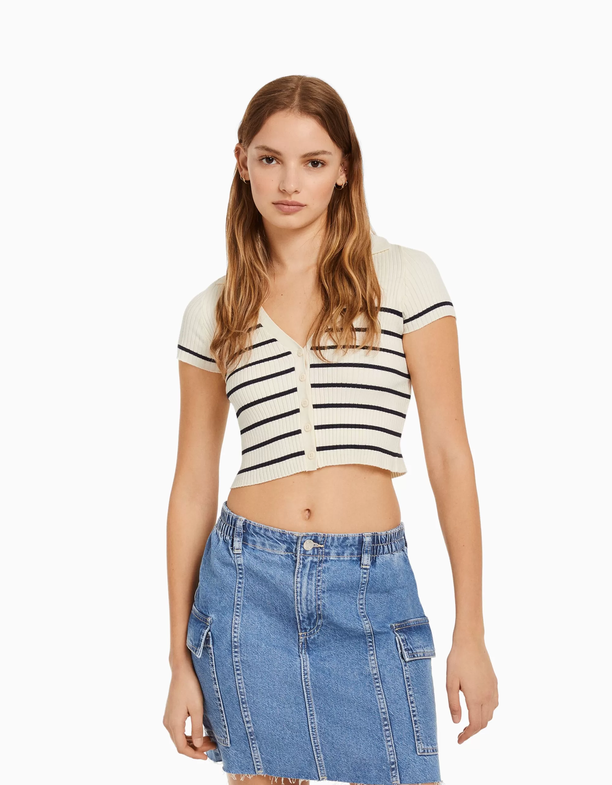 MUJER BERSHKA Cárdigan manga corta cuello polo