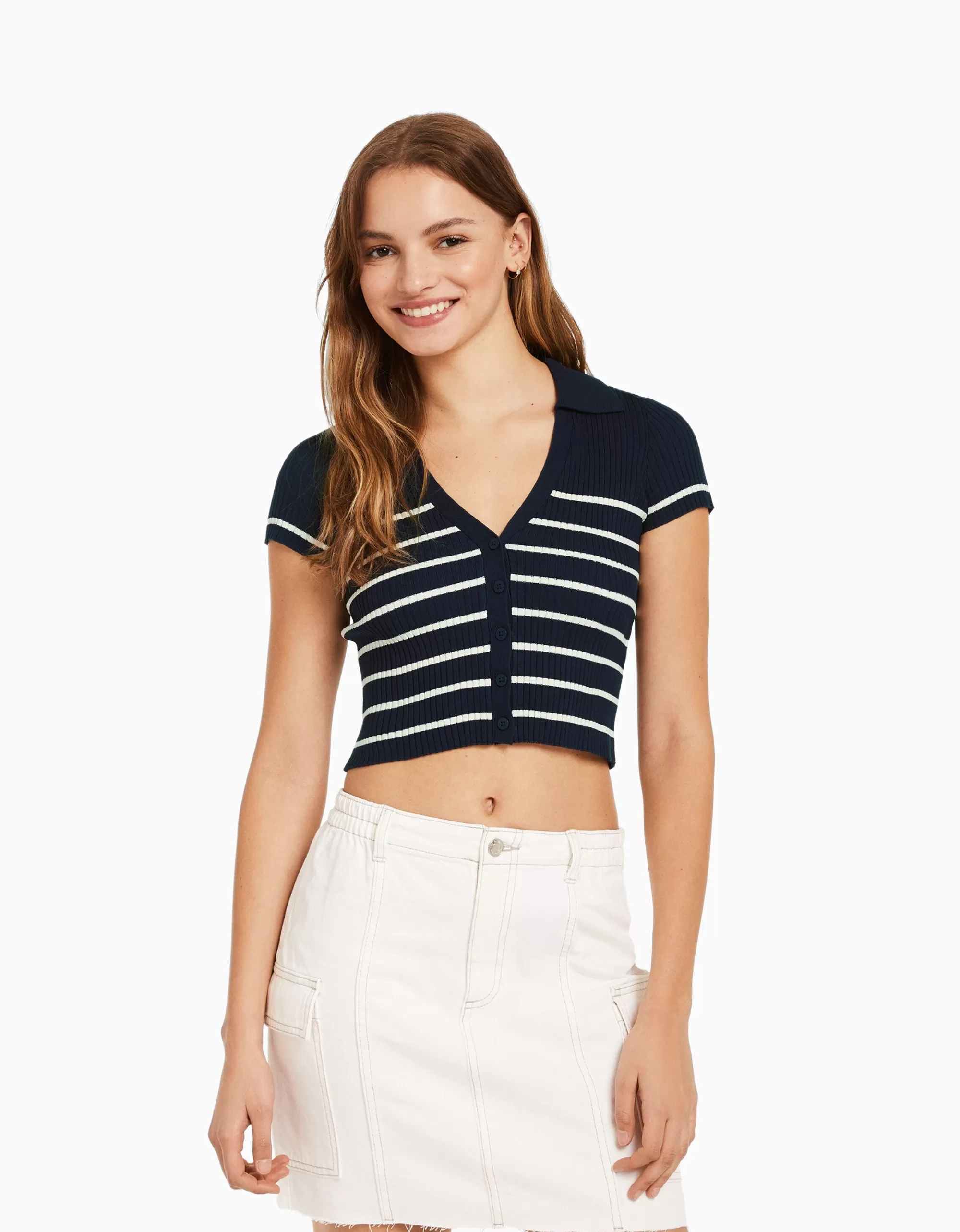 MUJER BERSHKA Cárdigan manga corta cuello polo