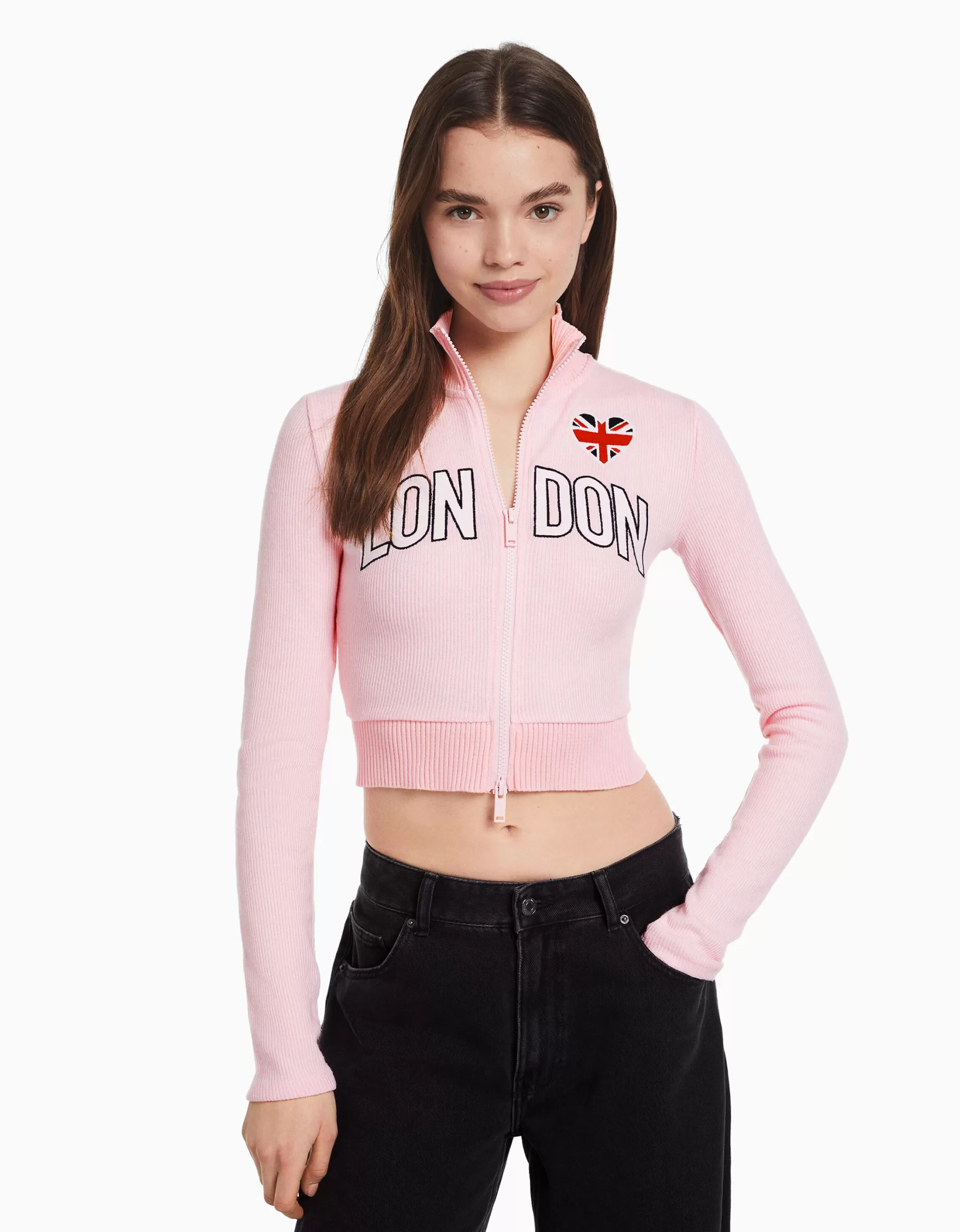 MUJER BERSHKA Cárdigan manga larga bordado cremallera