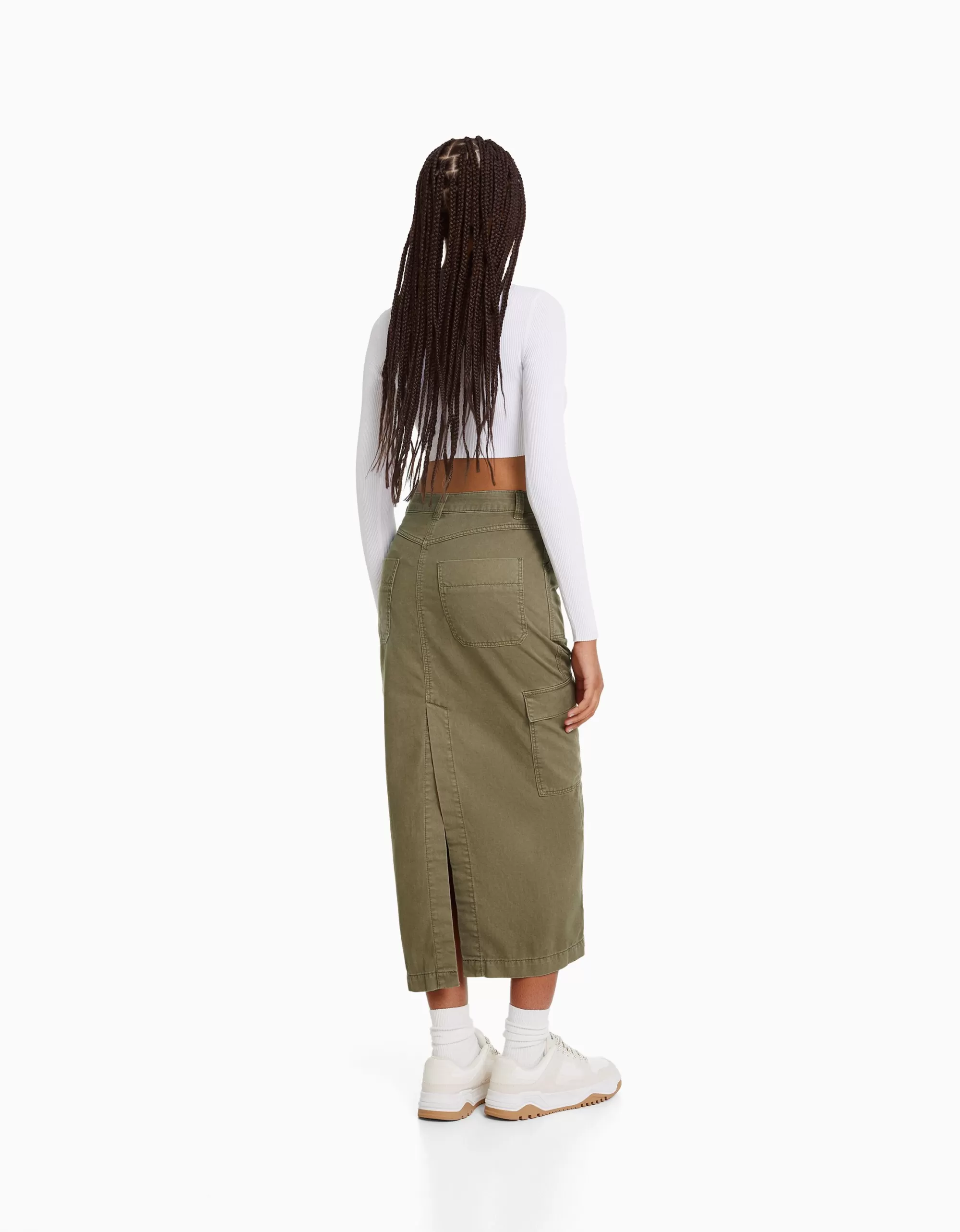 MUJER BERSHKA Falda midi carpenter algodón