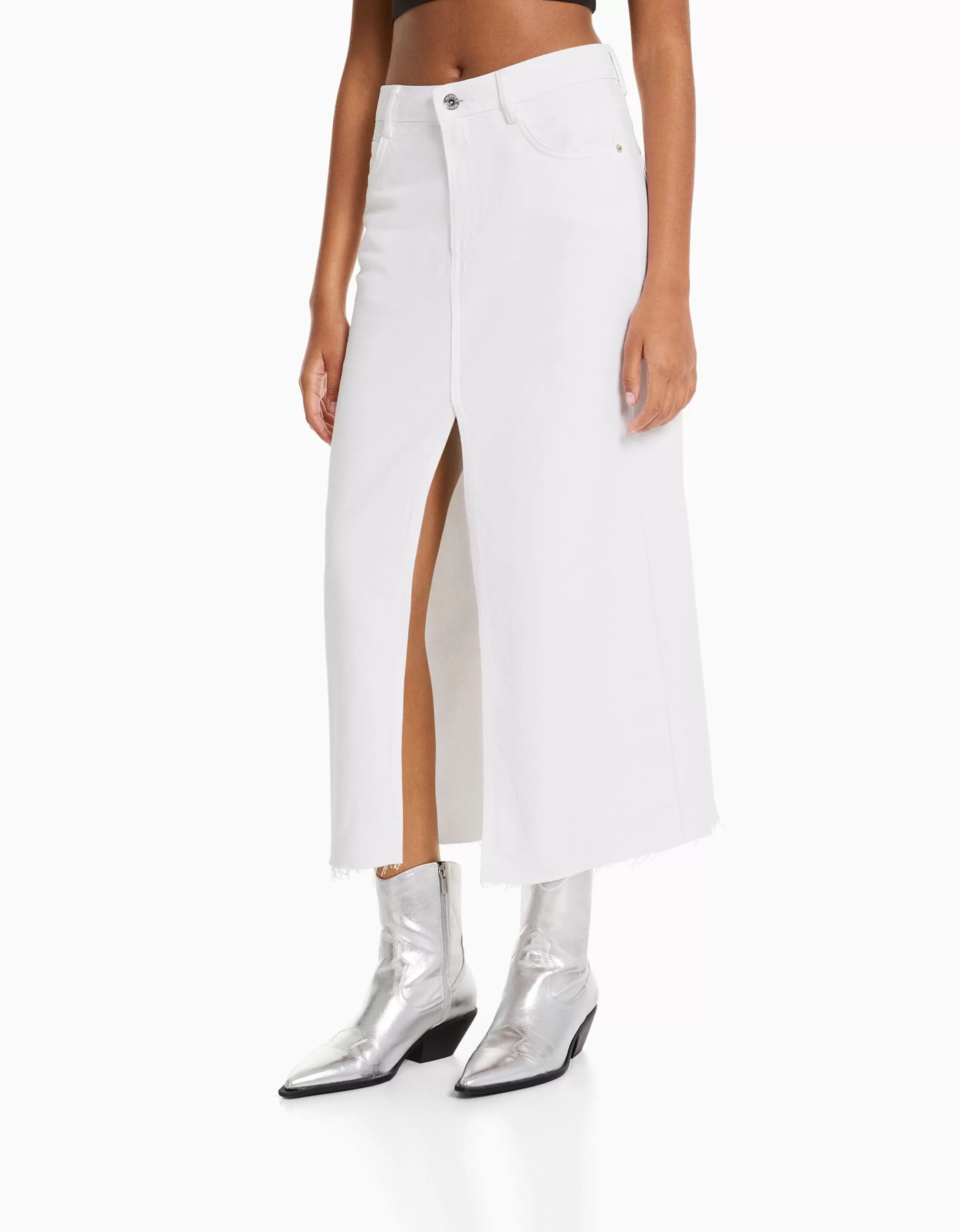 MUJER BERSHKA Falda midi sarga algodón abertura delantera