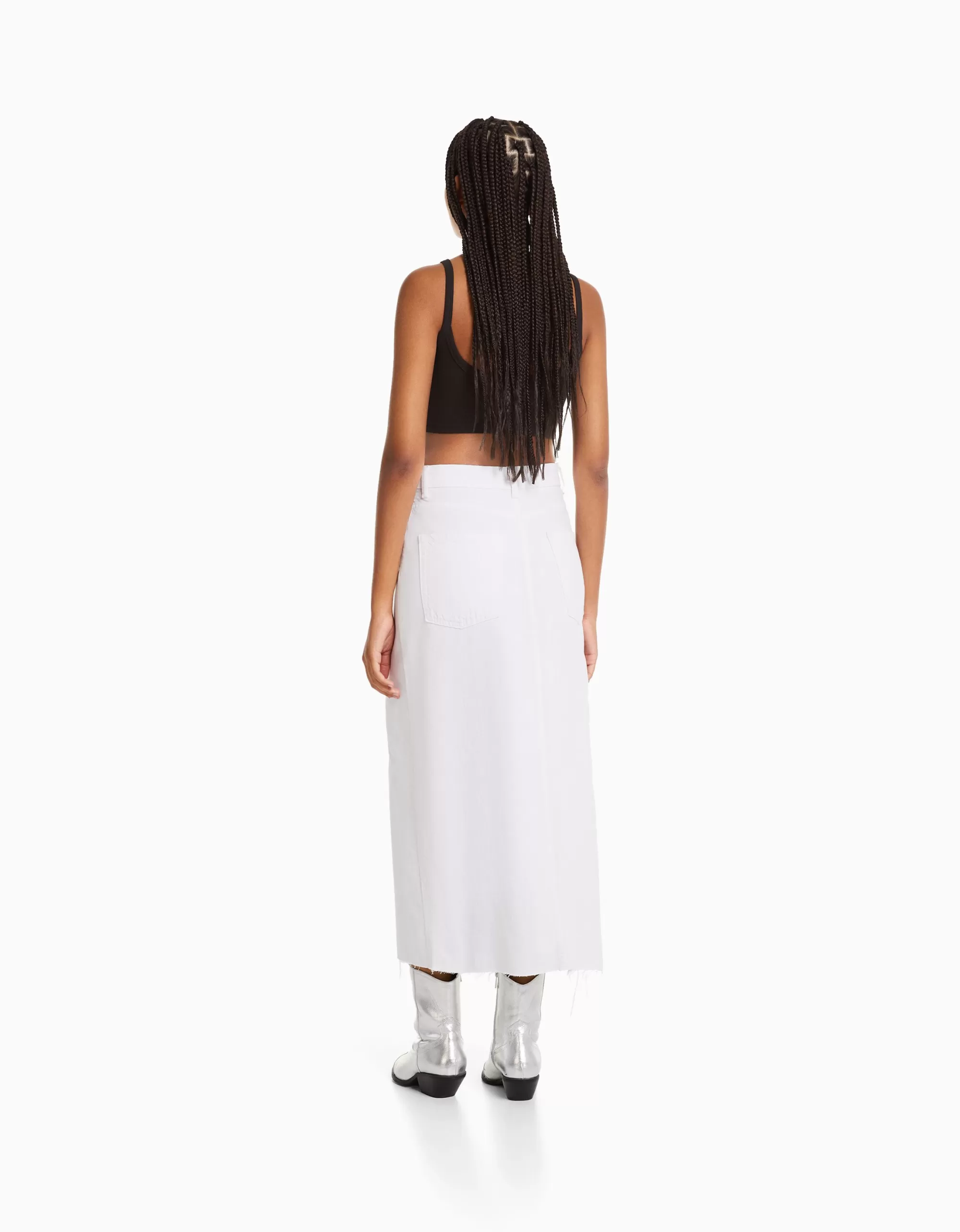 MUJER BERSHKA Falda midi sarga algodón abertura delantera