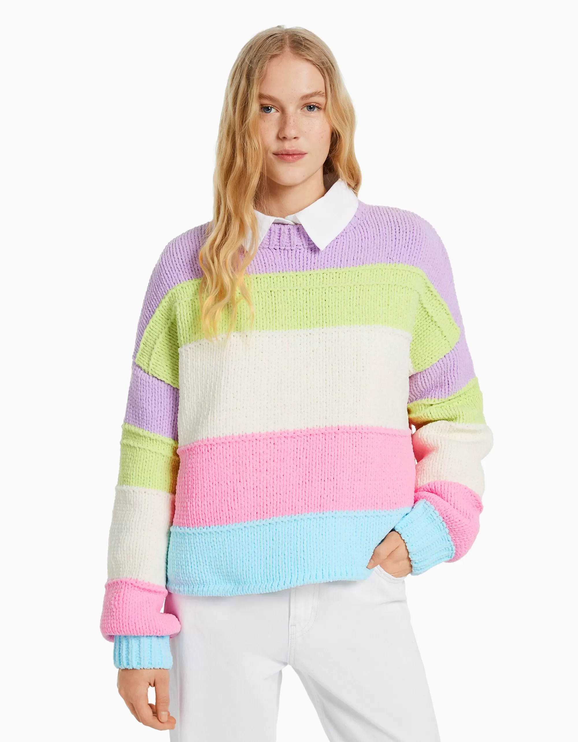 MUJER BERSHKA Jersey chenilla rayas multicolor